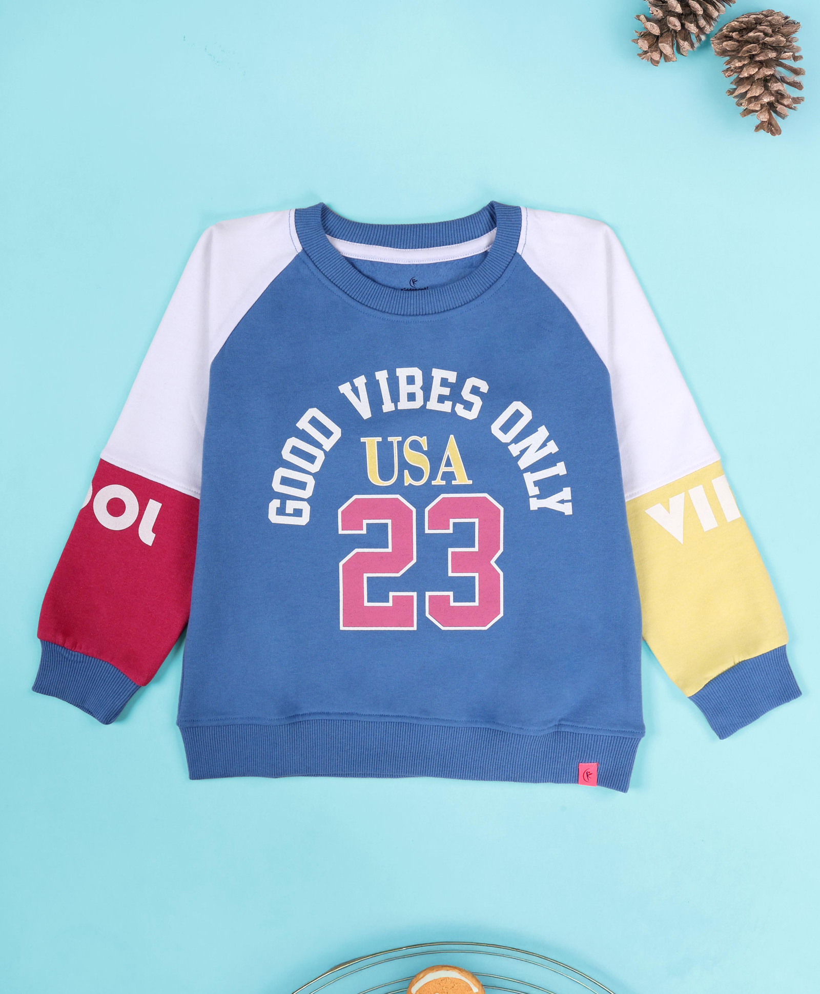 Kiddopanti Fleece Knit Raglan Sleeves Colour Blocked & Good Vibes Only Text Printed Light Winter Sweatshirt - Dust Blue Fushia Pink & Pop Yellow-image-33