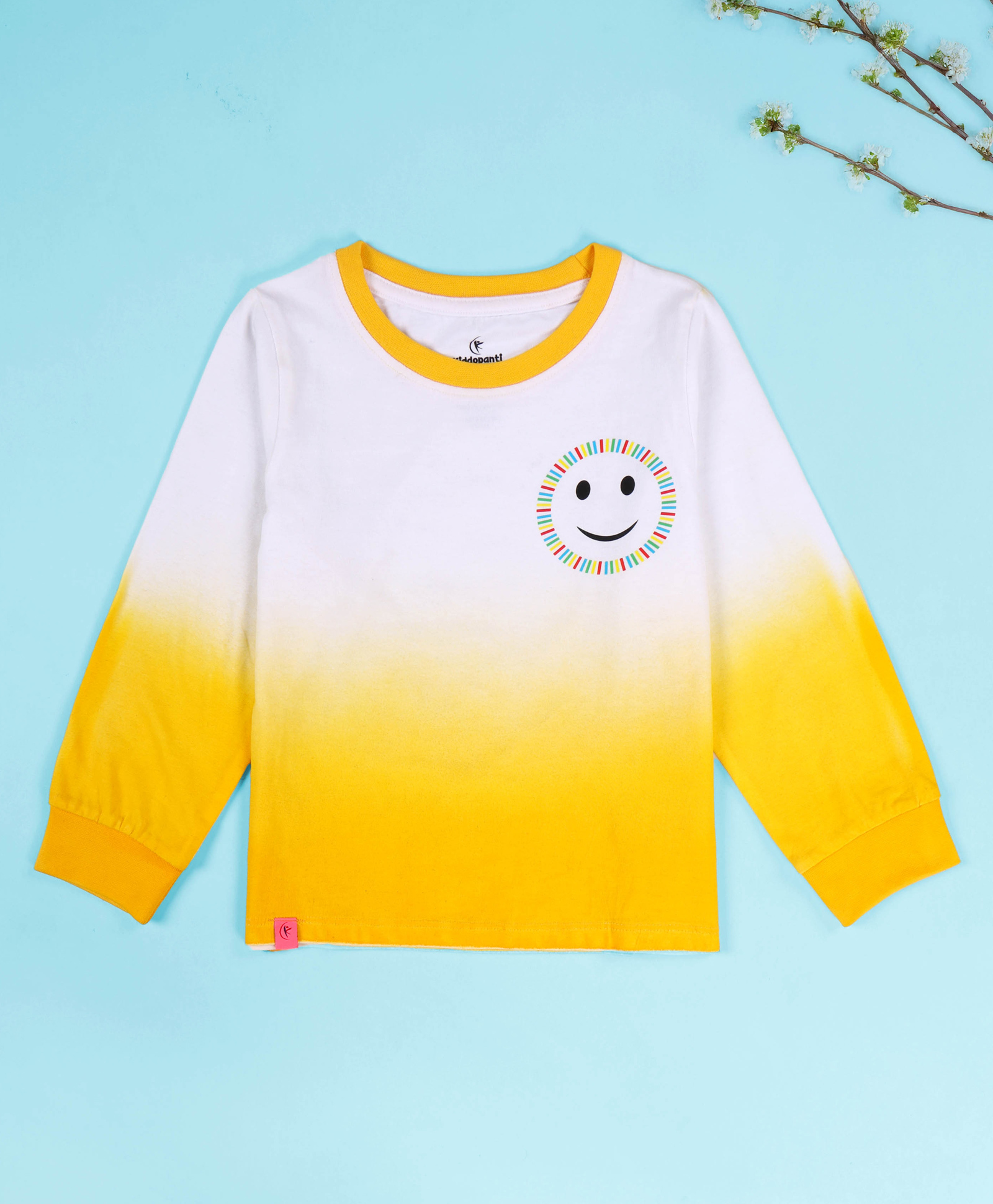Kiddopanti Cotton Knit Full Sleeves Ombre & Smiley Printed Tee - Yellow-image-30