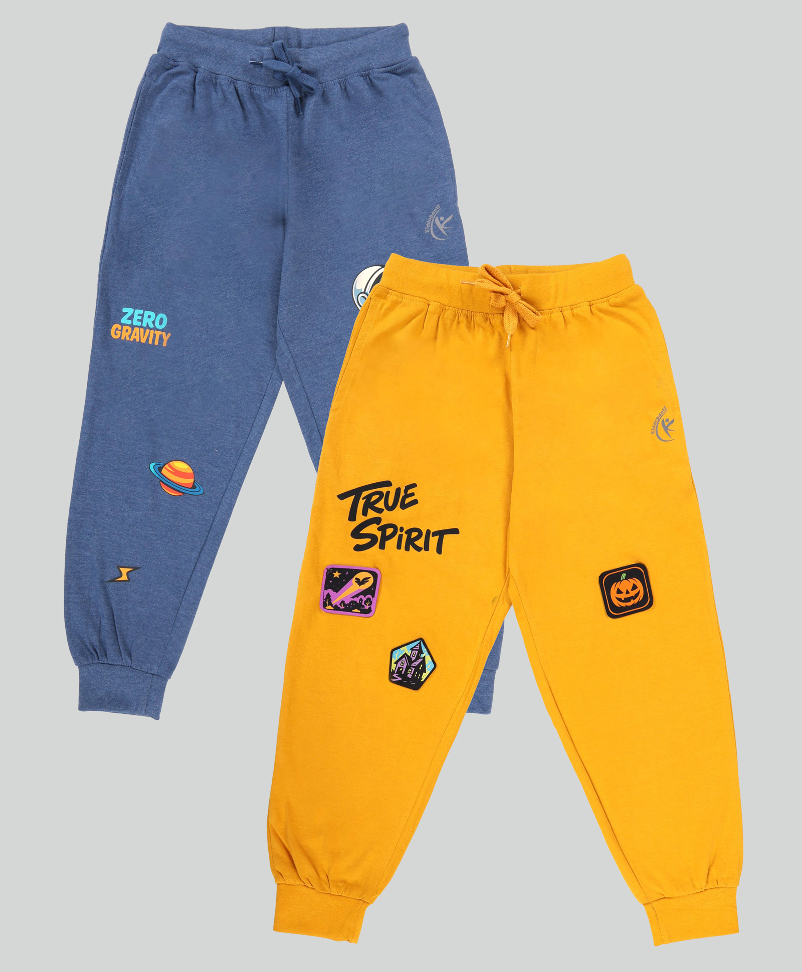 Kiddopanti Pack Of 2 Cotton Knit Typography & Space Theme Printed Track Pants - Mustard & Blue Melange-image-11