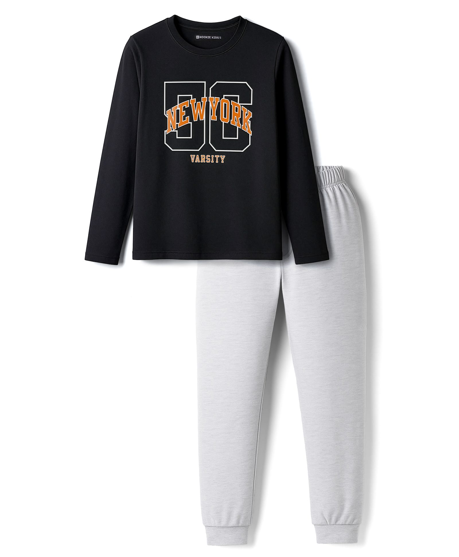 Kookie Kids Single Jersey Knit Full Sleeves Night Suit With Text Print - Black & White-image-12