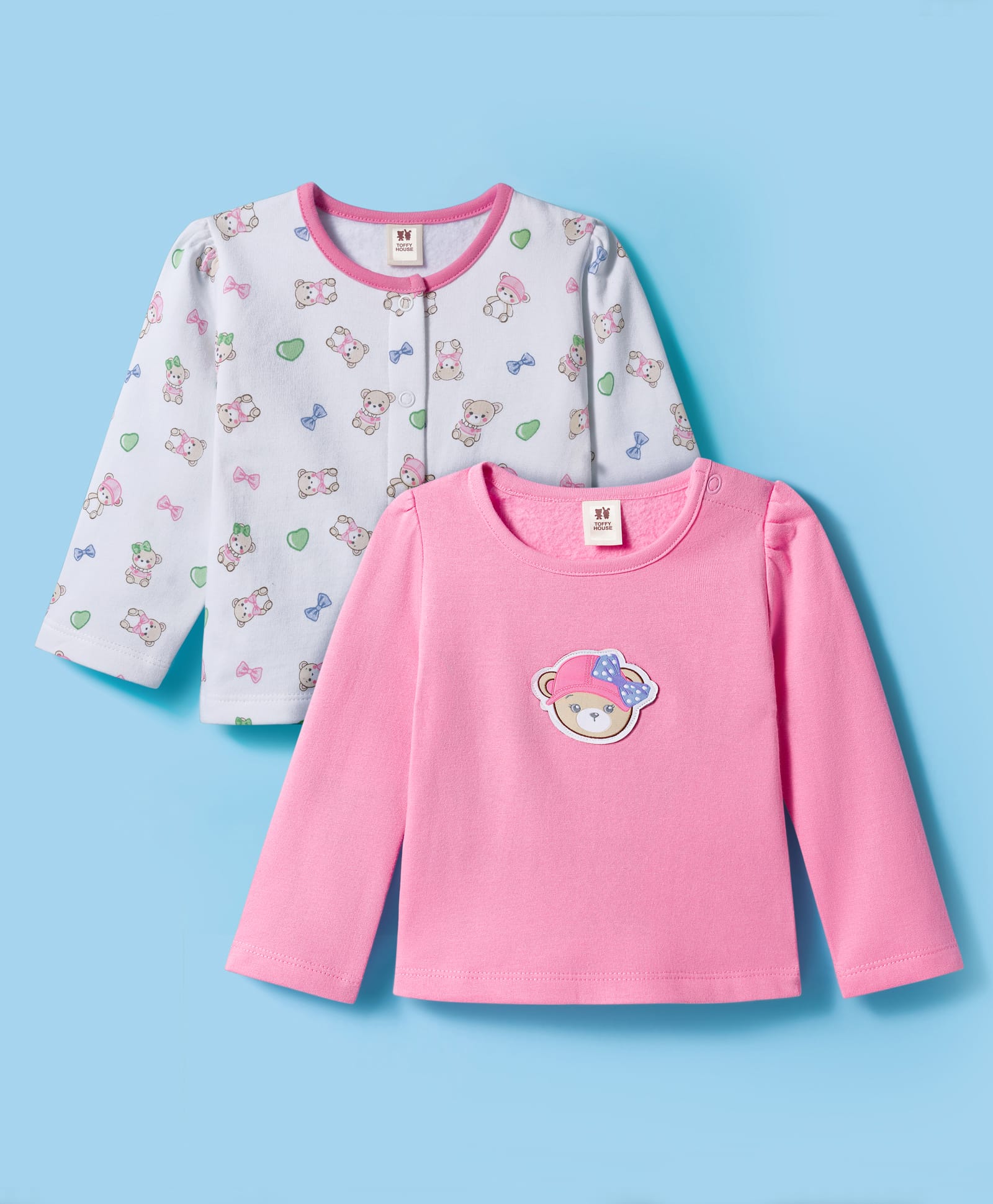ToffyHouse Interlock Knit Full Sleeves Tops With Teddy Print & Patch Pack of 2 - Pink & White-image-8