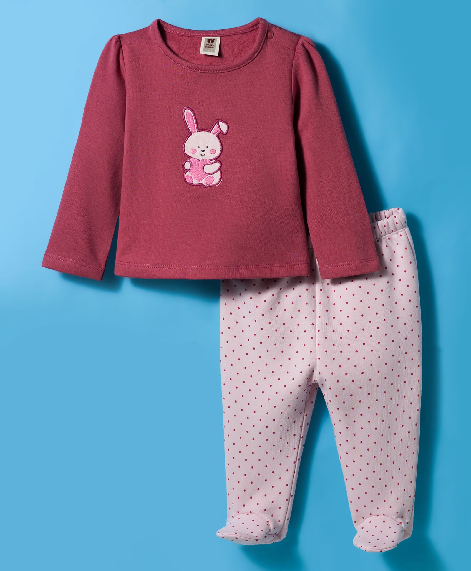ToffyHouse Interlock Knit Full Sleeves Night Suit With Bunny Embroidery & Polka Dot Print - Rose Gold & Peach-image-38
