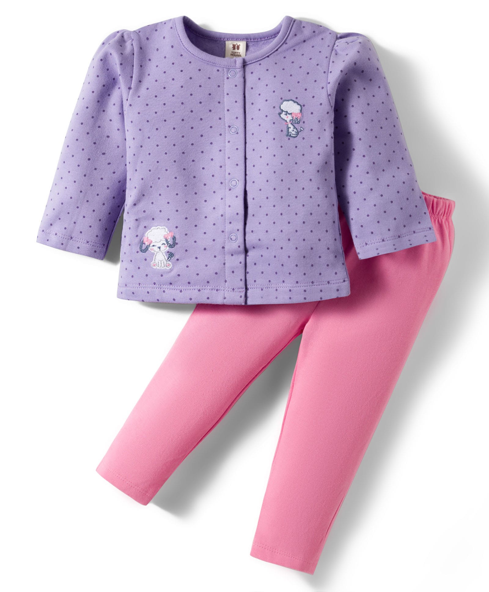 ToffyHouse Interlock knit Full Sleeves Night Suit With Polka Dot & Animal Embriodery - Pink & Purple-picture-23