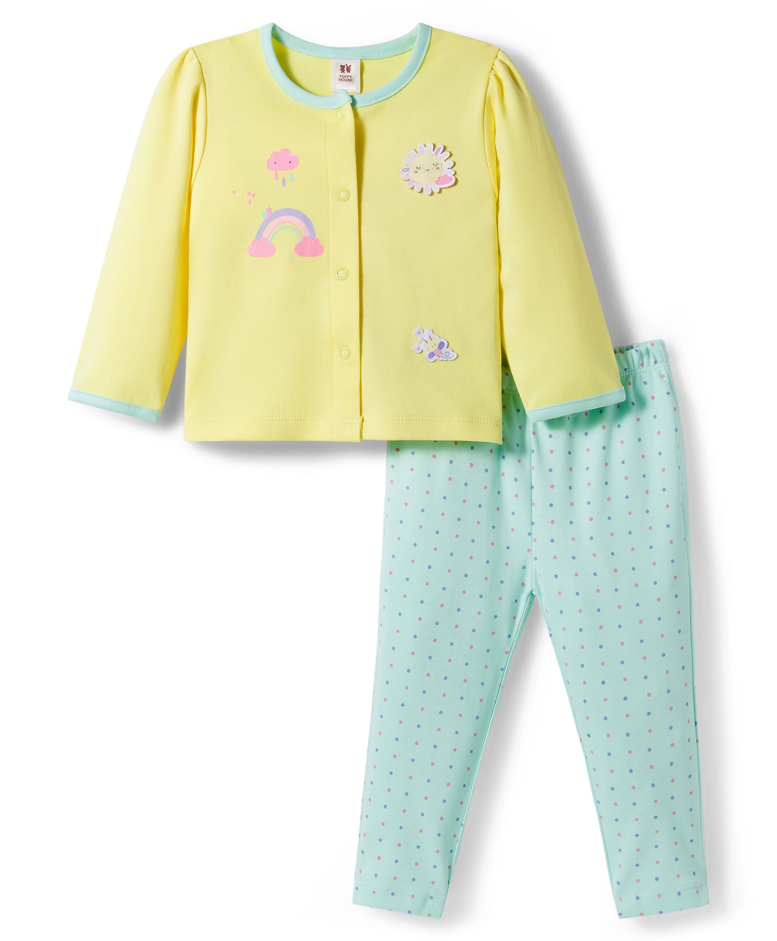 ToffyHouse Interlock Knit Full Sleeves Night Suit With Rainbow Print - Lemon & Sea Green-picture-16