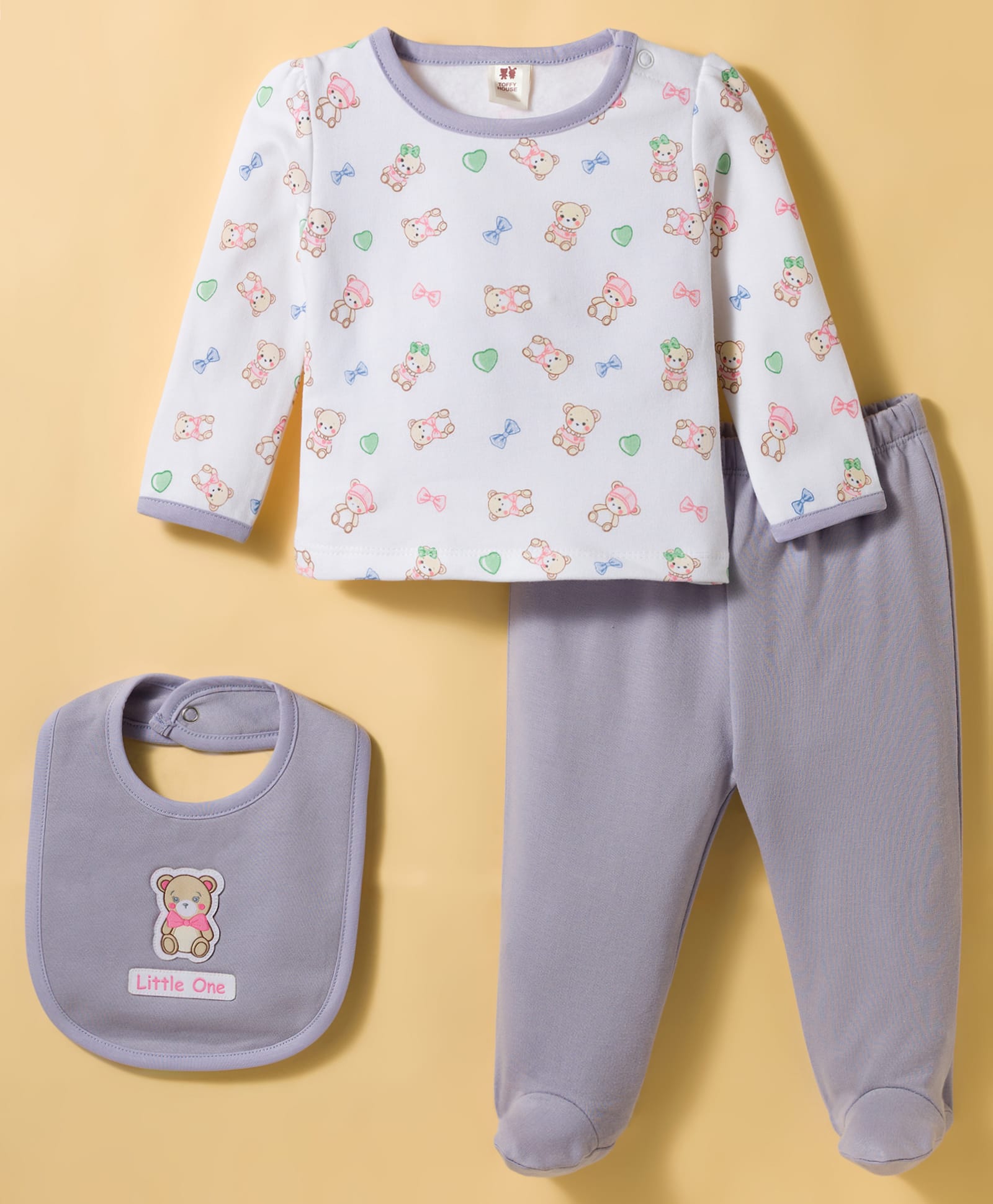 ToffyHouse Interlock Knit Full Sleeves Bear Printed T-Shirt & Footed Lounge Pant Night Suit With Bibs - Mauve-image-26