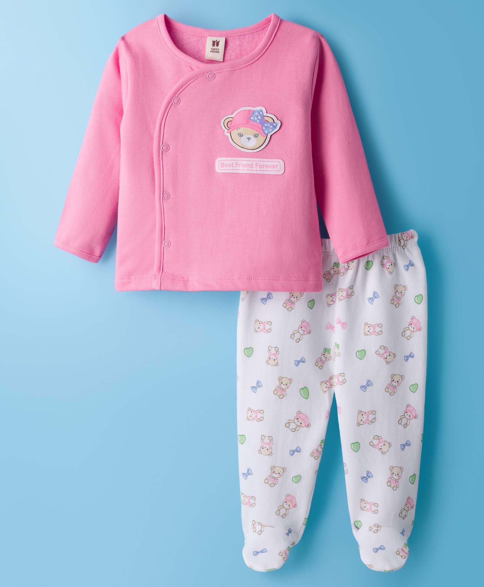 ToffyHouse Interlock Knit Full Sleeves Night Suit with Bear Print & Patch Detailing - Pink & white-picture-21