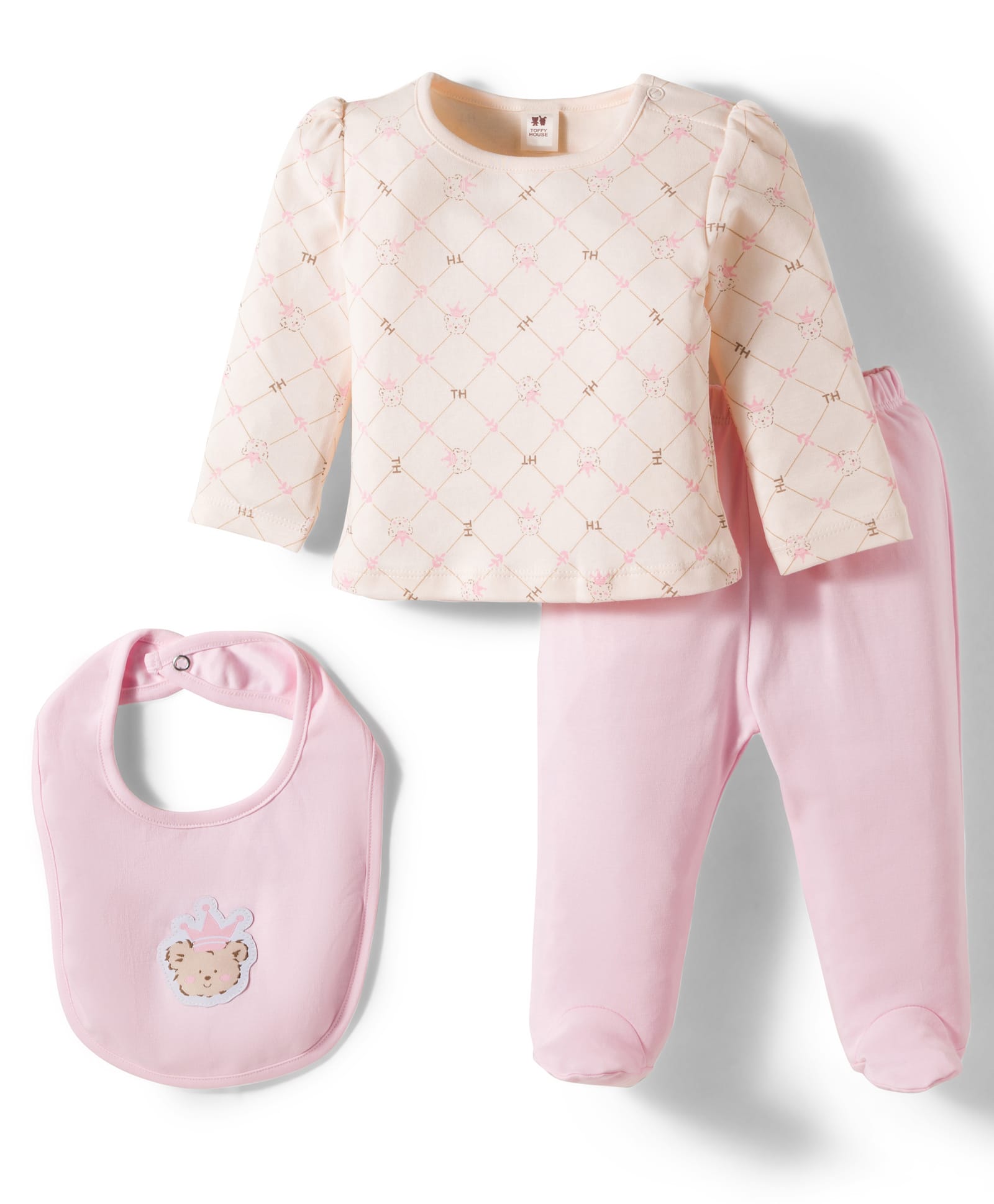 ToffyHouse Interlock Knit Full Sleeves Night Suit with Bib & Bear Print - Pink-picture-40