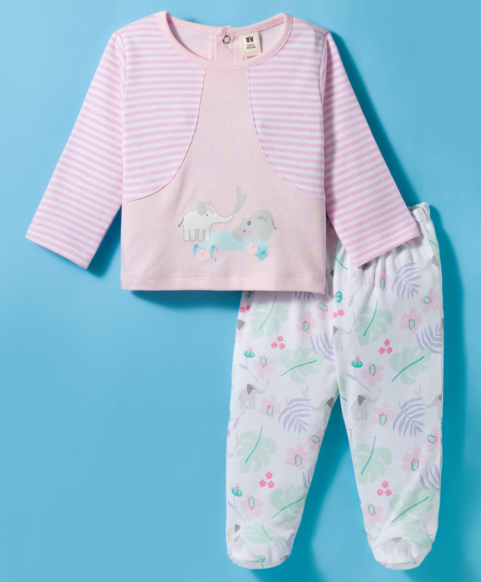 ToffyHouse Interlock Knit Full Sleeves T-Shirt & Footed Pant Night Suit With Floral Print - Pink-picture-25