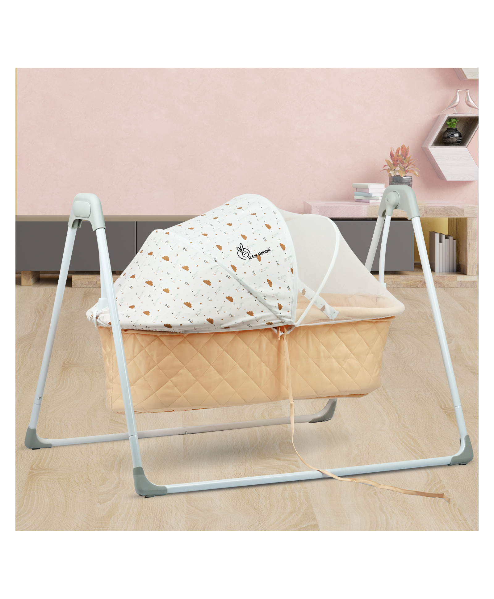 R for Rabbit Lullabies Manual Swing Cradle for New Born Baby with Mosquito Net | 5 Point Safety Harness | Quick & Easy Assembly Sturdy & Safe | Uyyala Palna Jhula -Peach & Multicolor-image-27