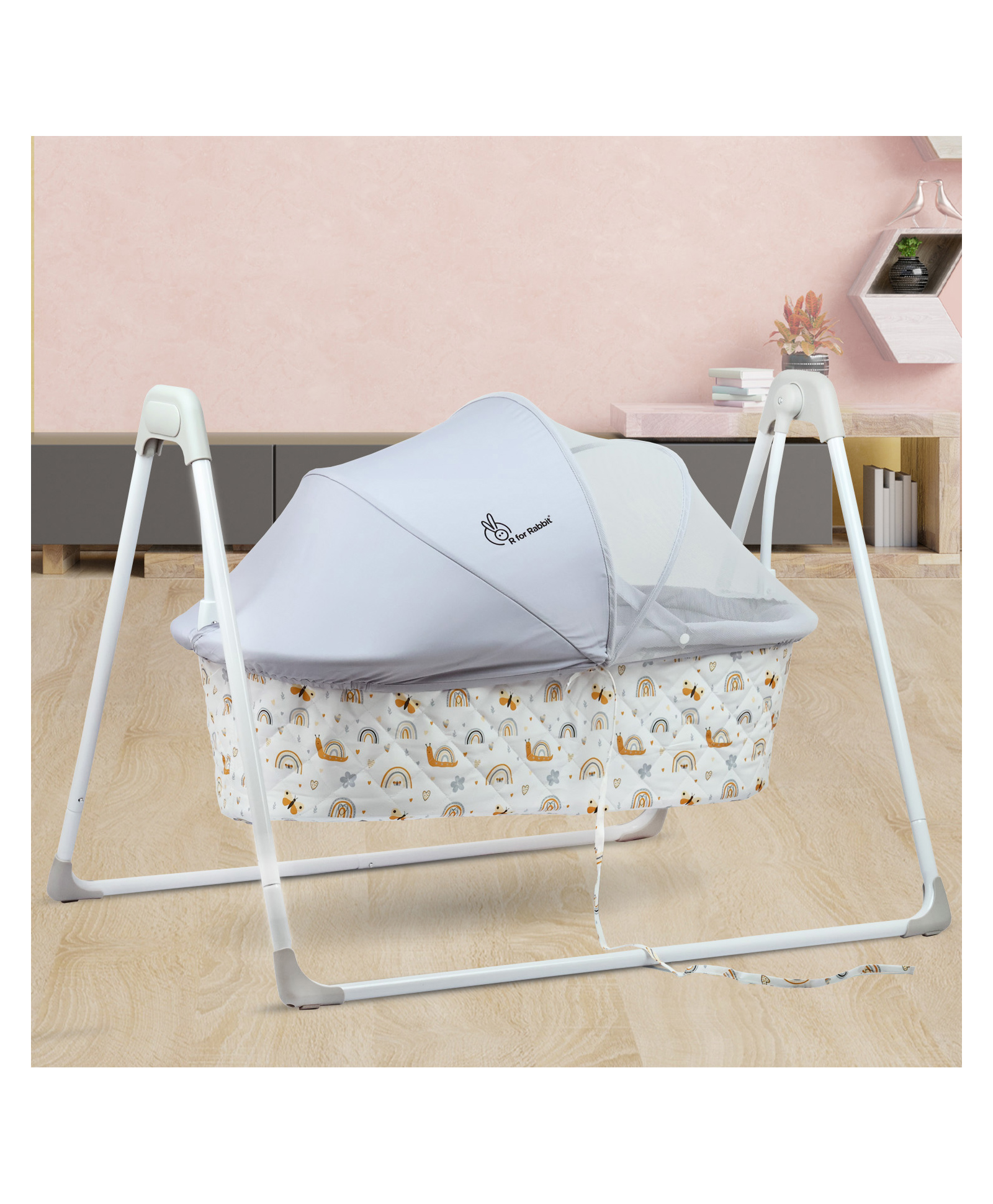 R for Rabbit Lullabies Manual Swing Cradle for New Born Baby with Mosquito Net | 5 Point Safety Harness | Quick & Easy Assembly Sturdy & Safe | Uyyala Palna Jhula -Grey & Multicolor-image-18