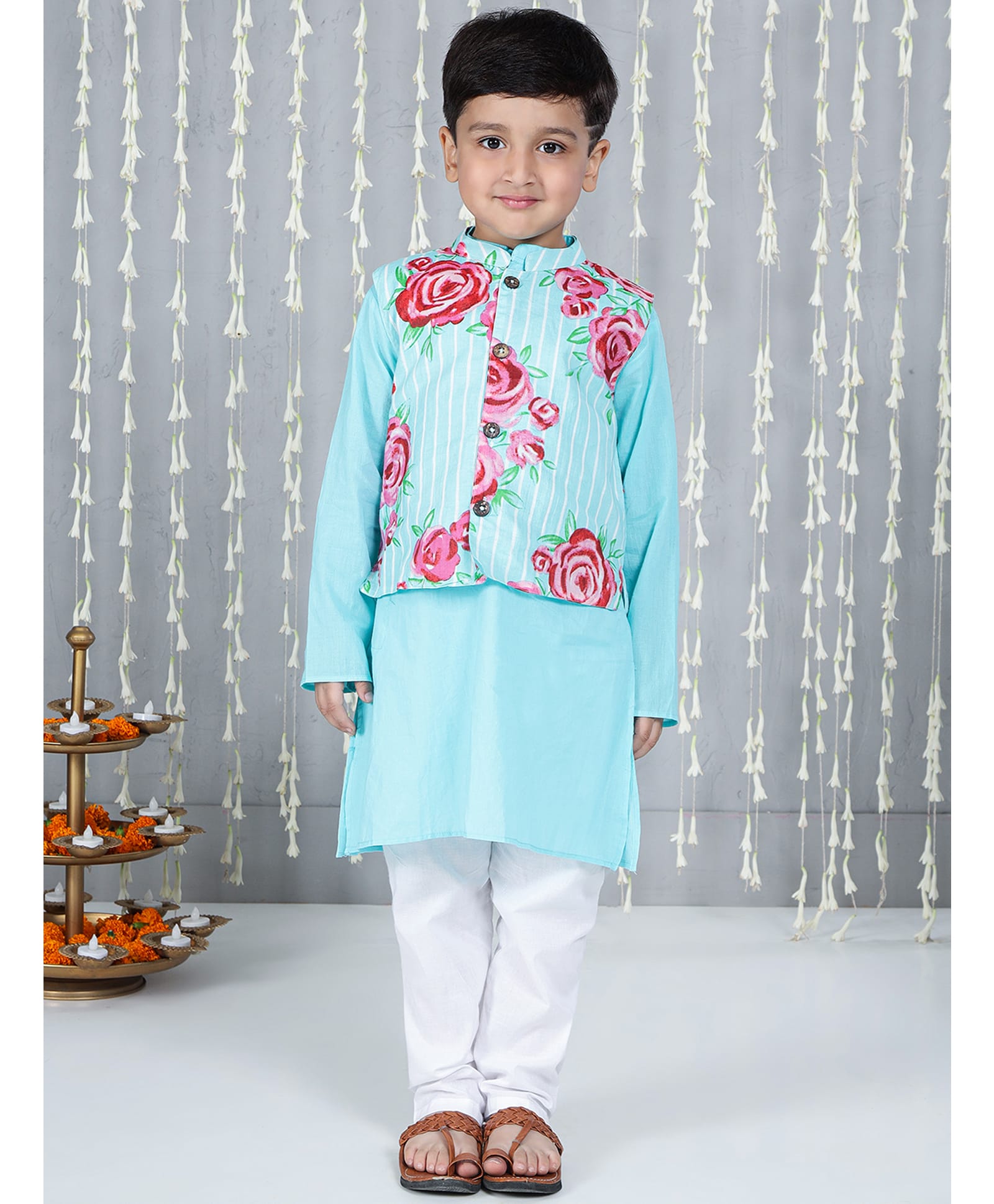 KID1 Cotton Woven Full Sleeves Solid Kurta Pyjama With Striped & Rose Printed Jacket Set - Turquoise-image-8