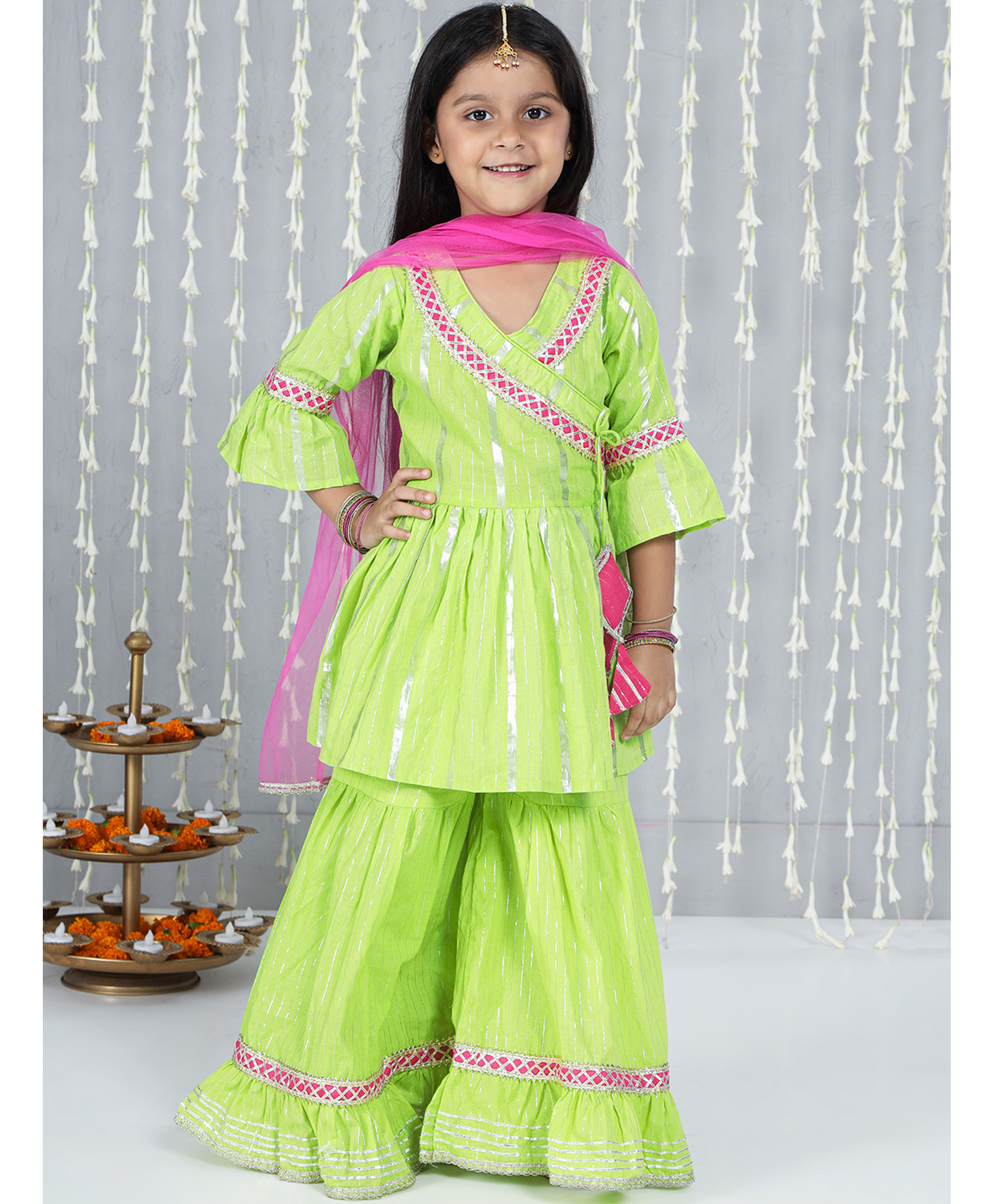KID1 Cotton Woven Three Fourth Sleeves Foil Striped & Gota Lace Embellished Angrakha Kurti Sharara With Dupatta Set - Green-picture-28
