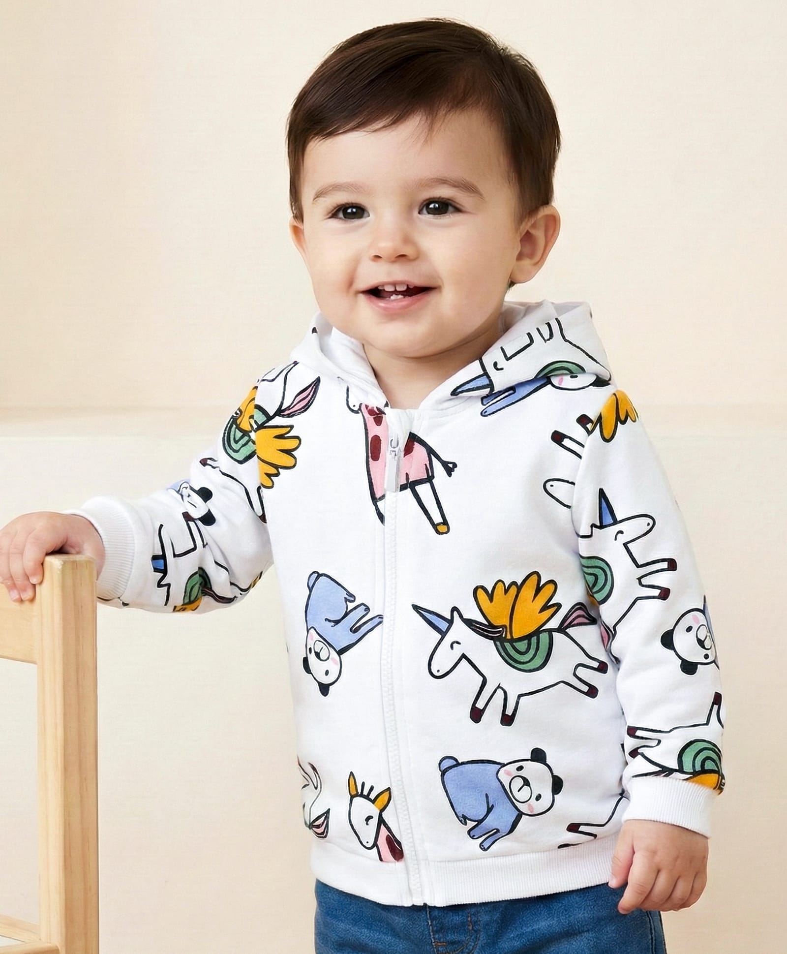 Babyoye Cotton Knit Full Sleeves Hooded Sweatjacket with Unicorn Print - White-picture-15