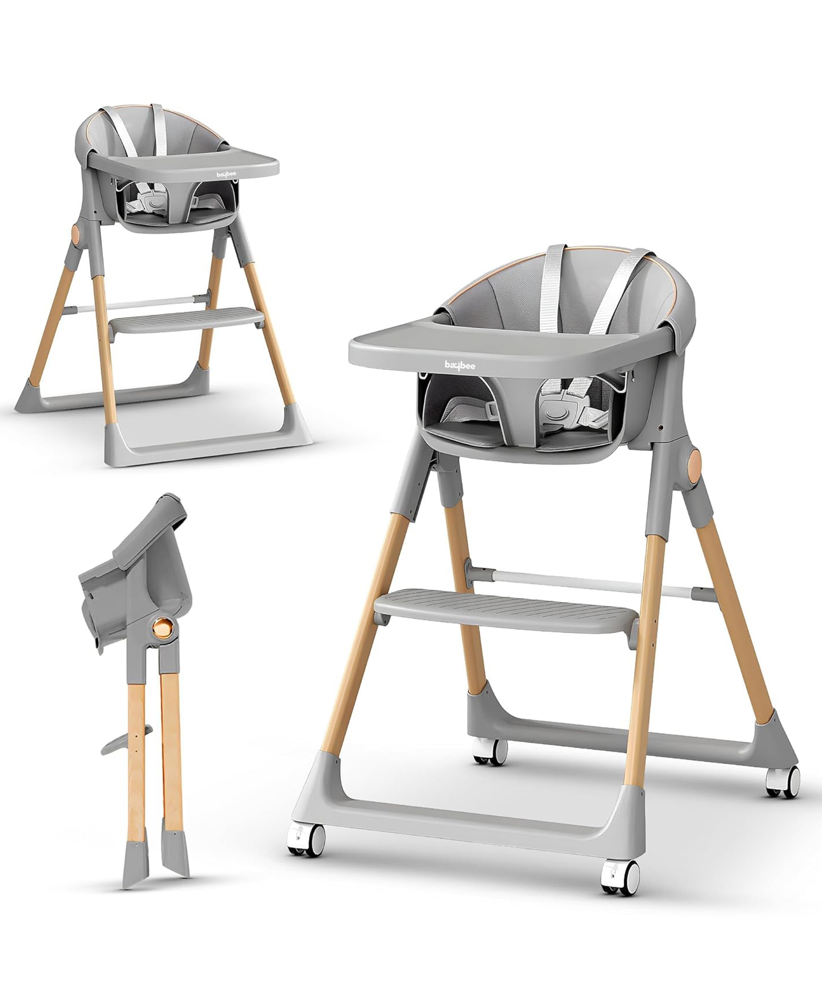 BAYBEE 3-in-1 Convertible High Chair for Kids, Babies & Toddlers | Foldable Baby Feeding Chair with 5-Point Safety Harness, Adjustable & Removable Tray, Easy-to-Clean | Portable Dining Chair (Grey)-picture-25