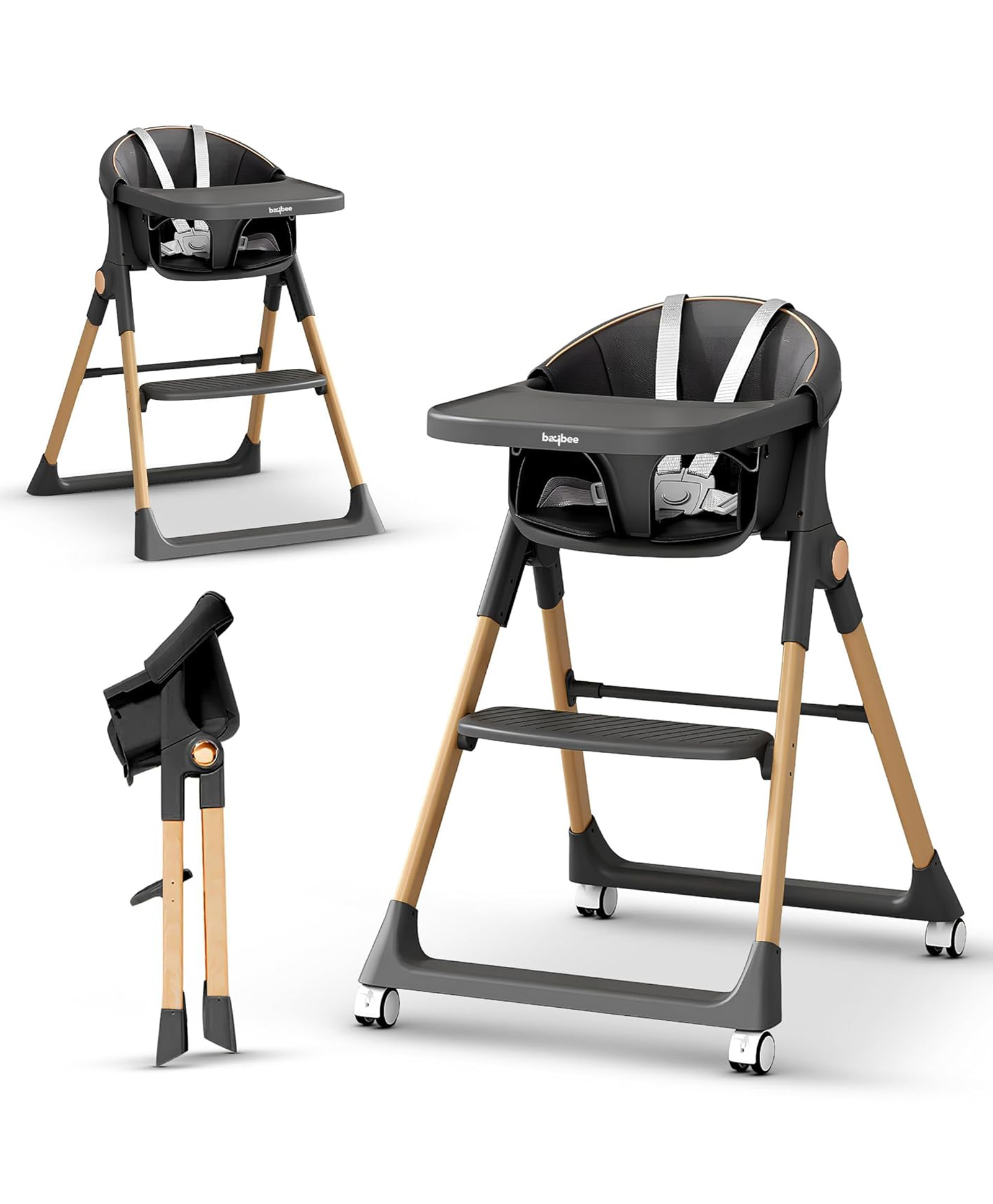 BAYBEE 3-in-1 Convertible High Chair for Kids, Babies & Toddlers | Foldable Baby Feeding Chair with 5-Point Safety Harness, Adjustable & Removable Tray, Easy-to-Clean | Portable Dining Chair (Black)-picture-23