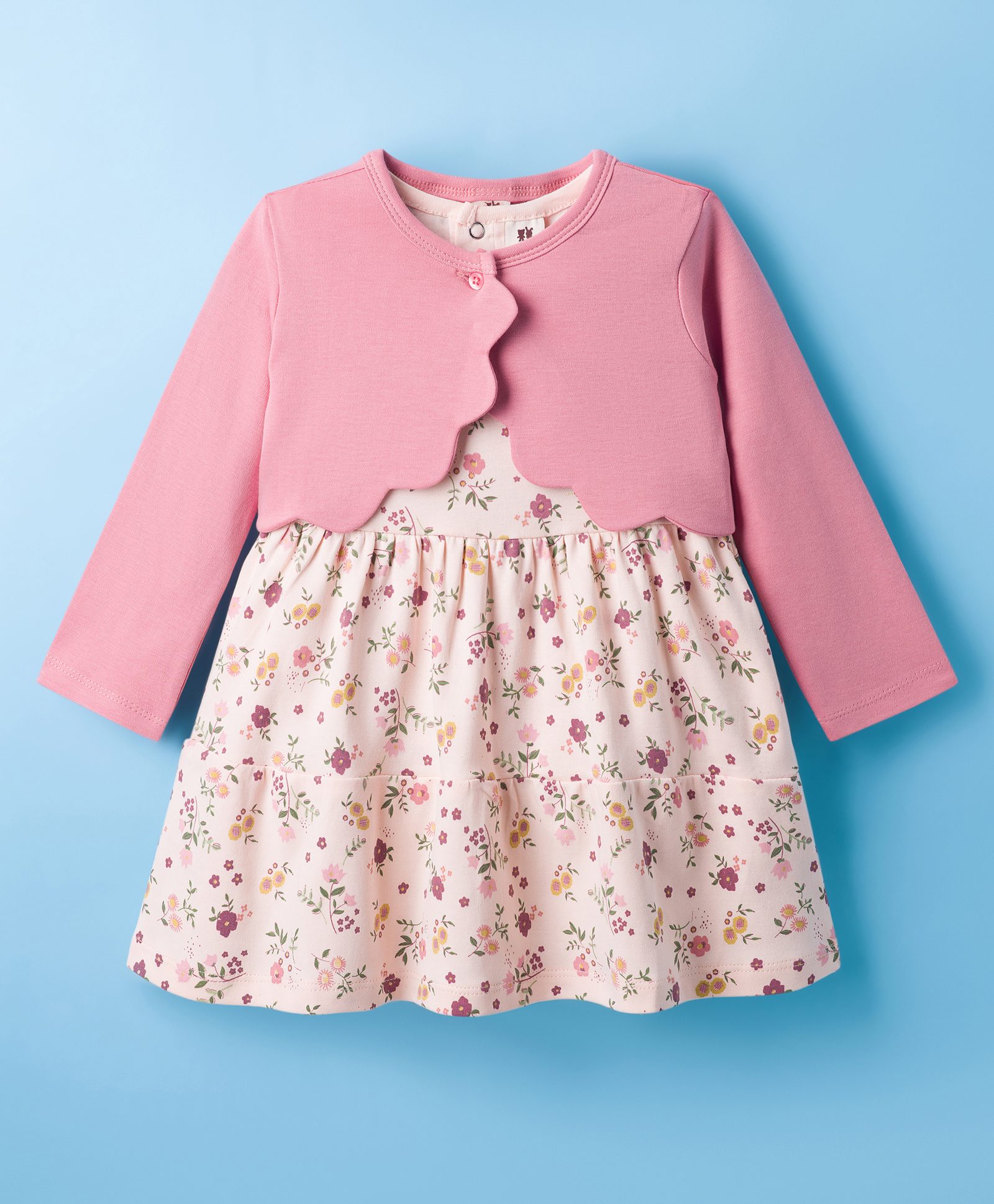 ToffyHouse Interlock Knit Full Sleeves Floral Printed Frock with Shrug - Pink-image-45