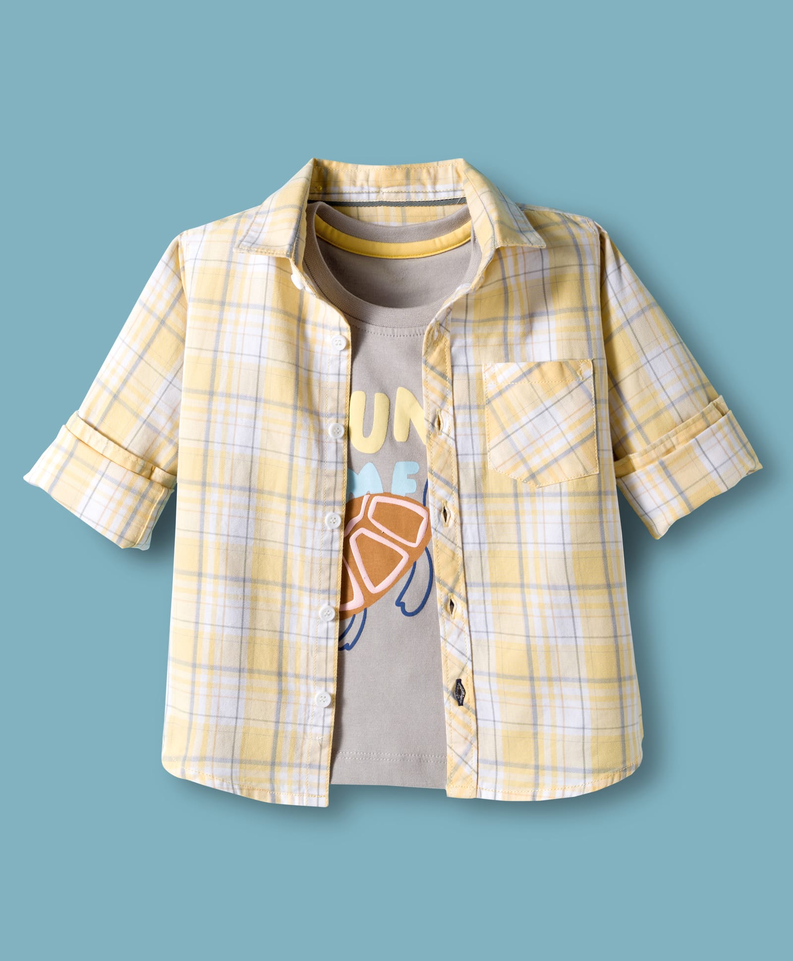 Dapper Dudes Full Sleeves Checked Shirt With Turtle Printed Tee - Lemon-picture-12