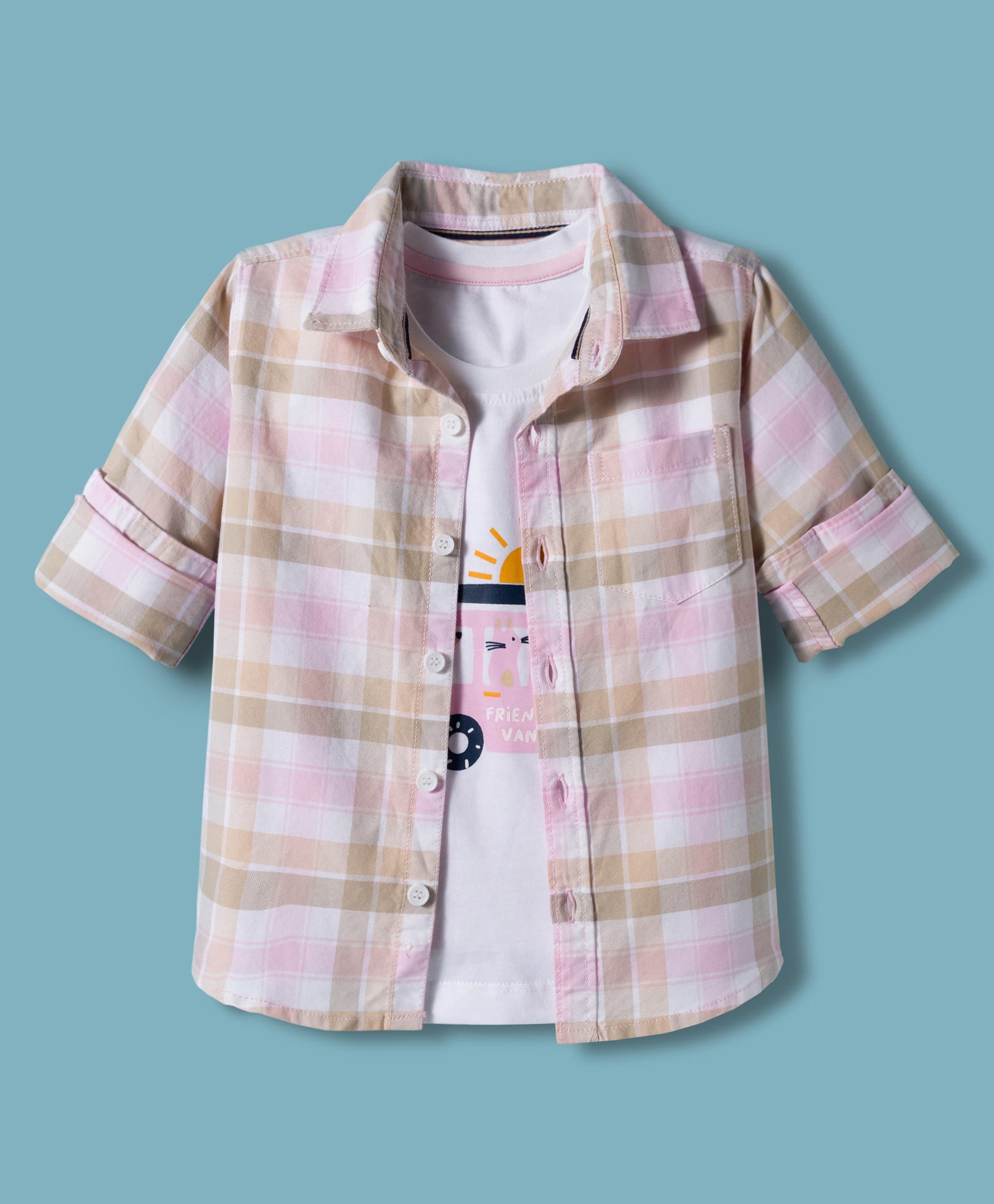 Dapper Dudes Full Sleeves Checked Shirt With Animals In A Van Printed Tee - Pink-image-42