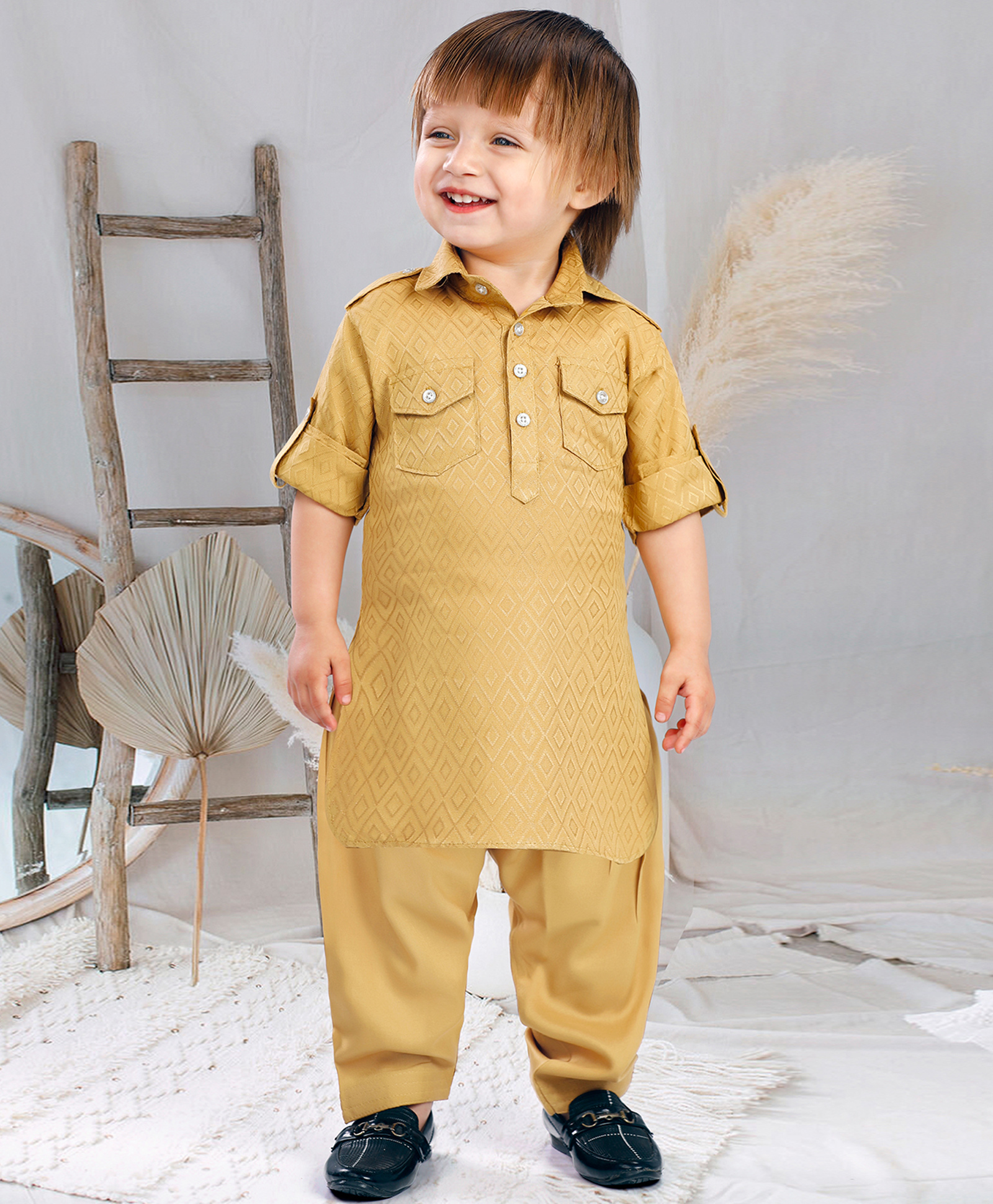 BAD BOYS Cotton Rayon Woven Full Sleeves Geometric Embroidered Pathani Kurta Pyjama Set - Mustard-image-47