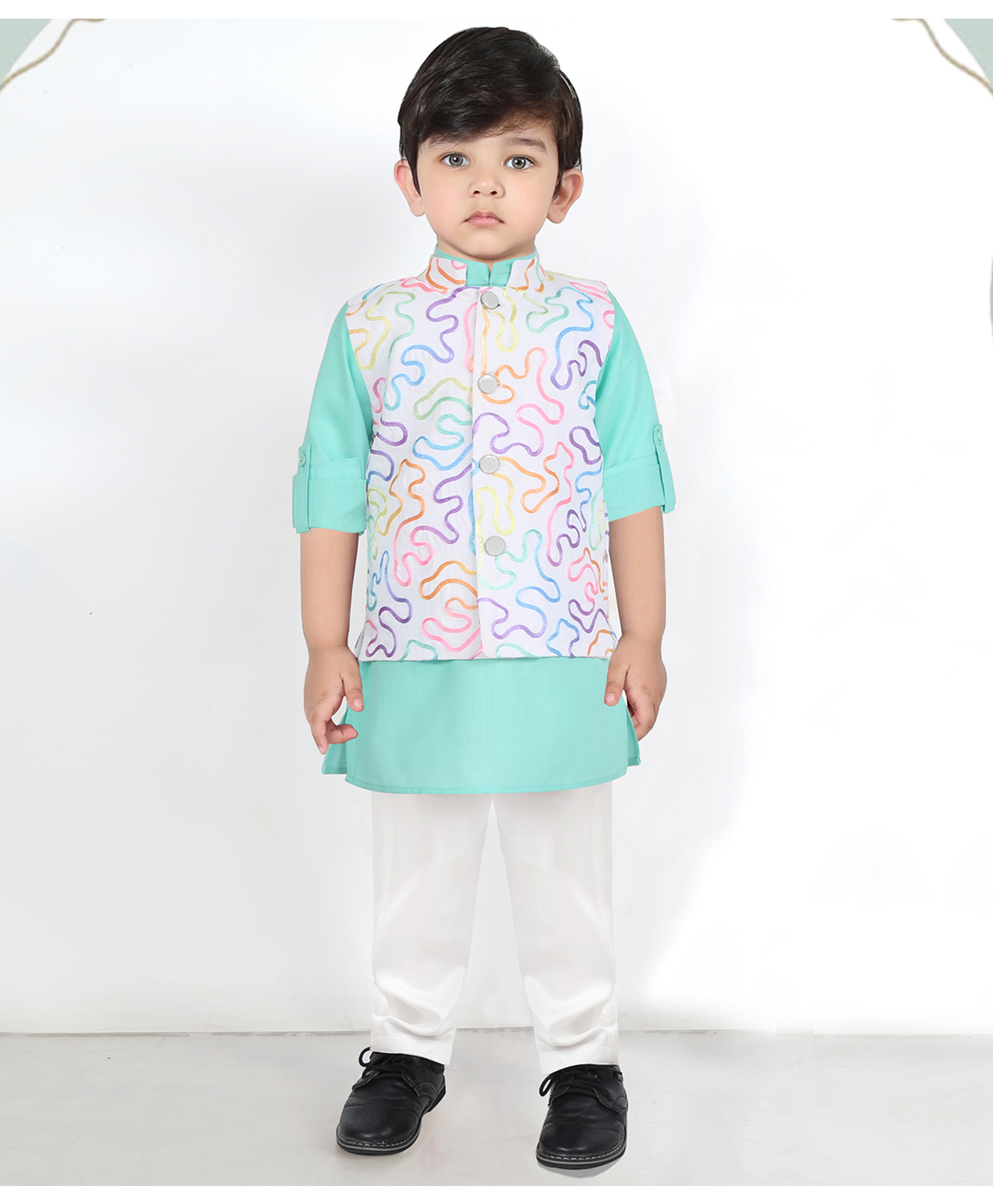BAD BOYS Blended Woven Full Sleeves Solid Kurta Pyjama With Abstract Embroidered Jacket Set - Green-picture-10