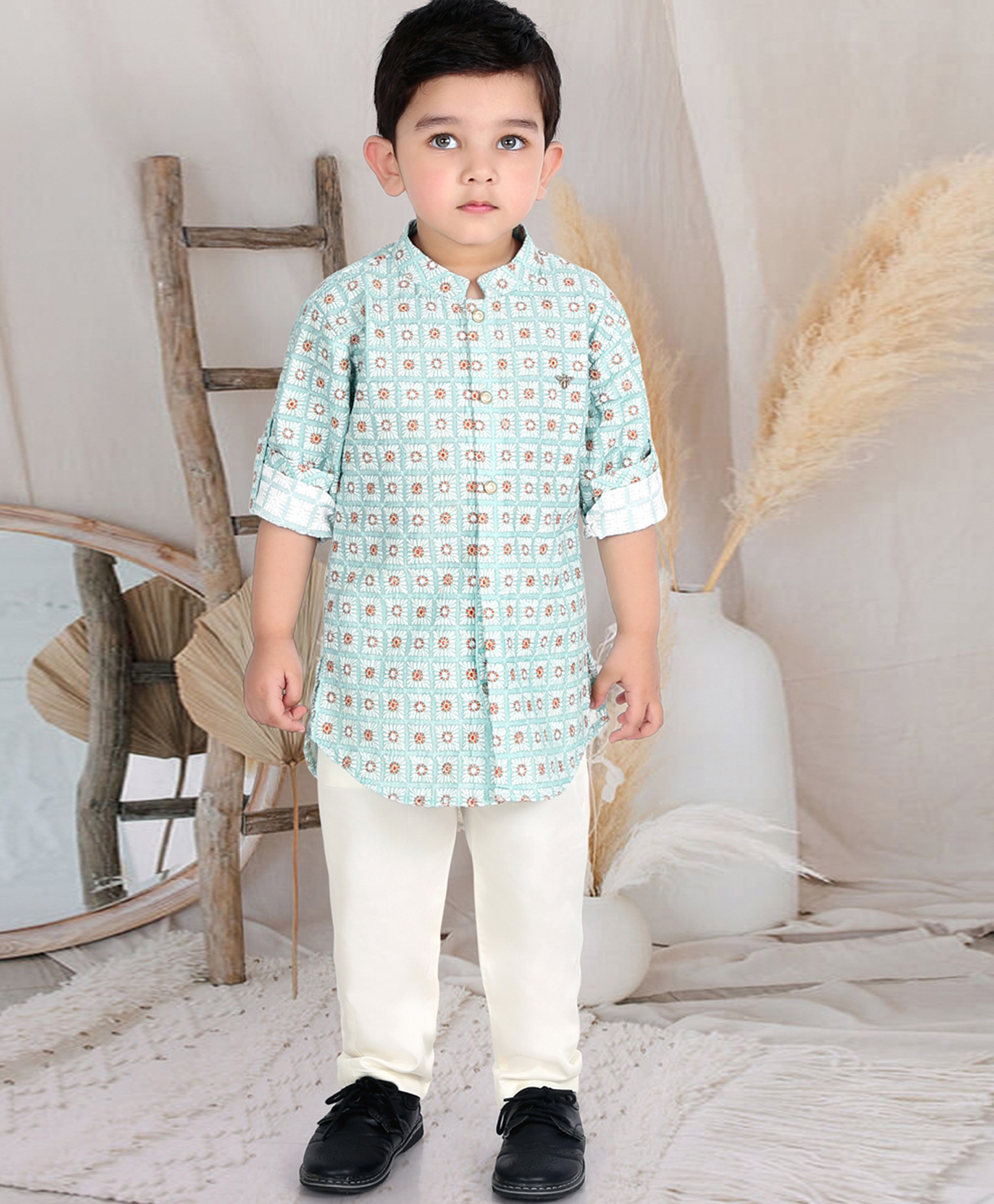 BAD BOYS Blended Woven Full Sleeves Grid Pattern Printed Kurta Pyjama Set - Green-image-2
