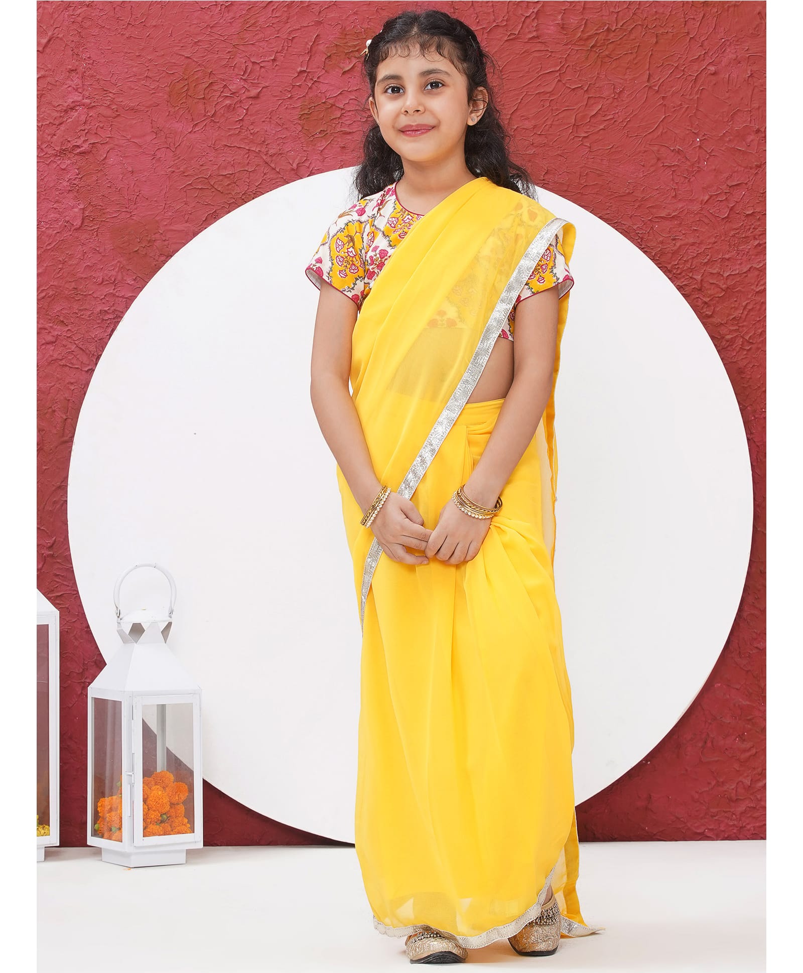 Little Bansi Georgette Woven Lace Detailed Wrap Around Saree With Half Sleeves Rajasthani Floral Printed Ready Made Blouse - Yellow-image-41