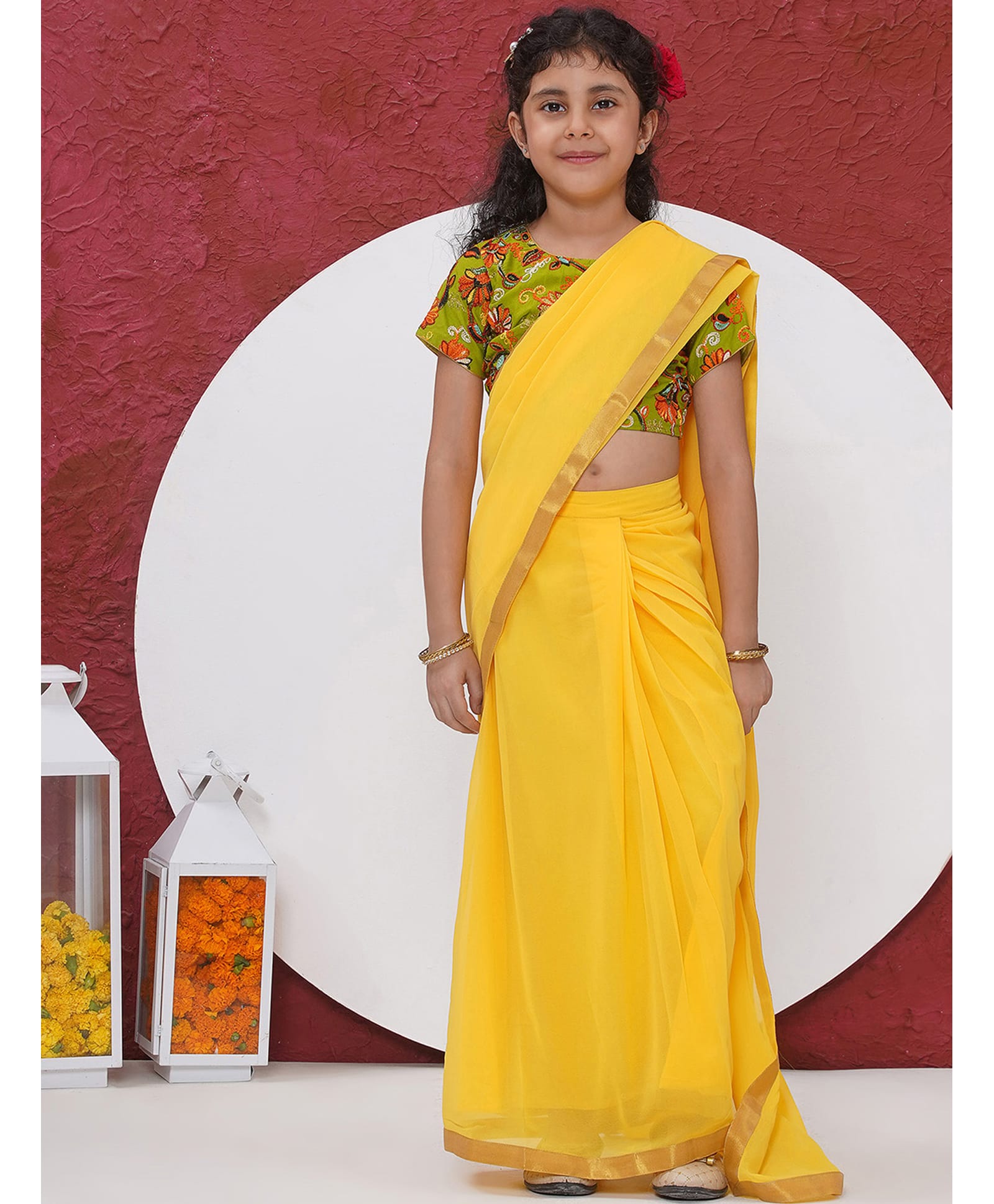 Little Bansi Cotton Woven Lace Detailed Wrap Around Saree With Half Sleeves Floral Embroidered Ready Made Blouse - Yellow-picture-6
