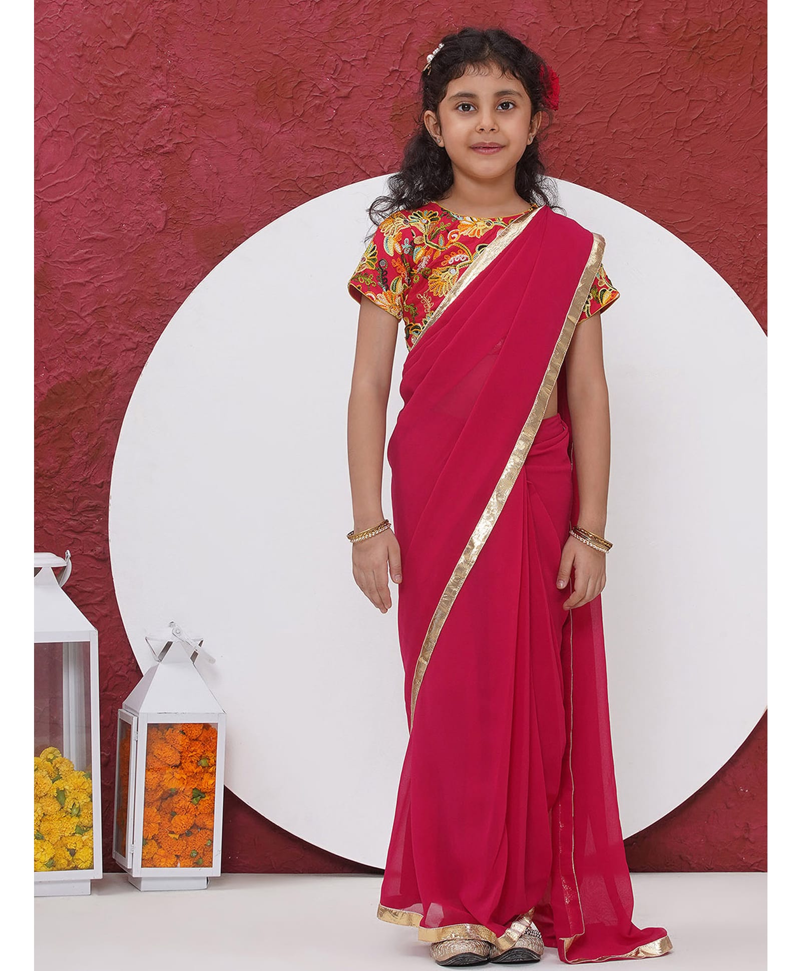 Little Bansi Cotton Woven Lace Detailed Wrap Around Saree With Half Sleeves Floral Embroidered Ready Made Blouse - Red-picture-25