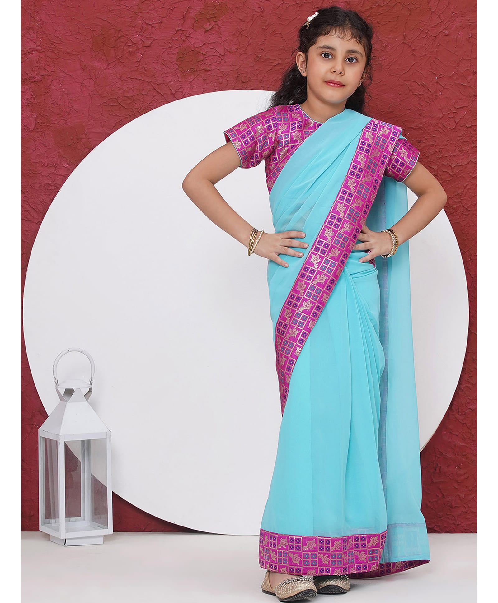 Little Bansi Georgette Woven Birds Foil Printed Wrap Around Saree With Half Sleeves Ready Made Blouse - Blue-picture-23