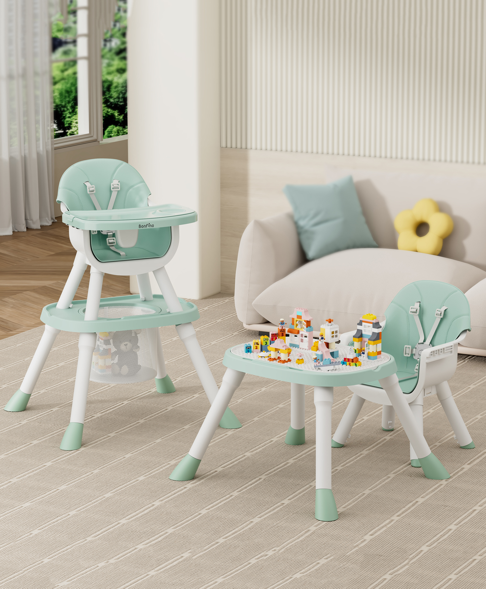 Bonfino Multi-Mode High Chair with Storage Basket-Green| Convert to Study Table & Chair, Small Dinning Chair, Toddler Chair, Booster Chair| Adjustable Height| Safety Harness| Removable Feeding Chair