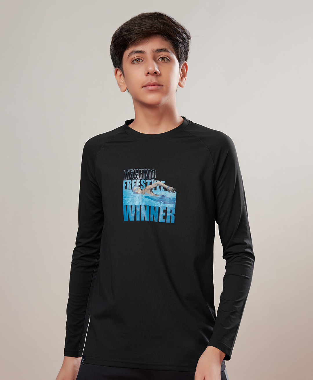 Technosport Knit Full Sleeves Swimming Winner Text Printed Breathable & Quick Dry Sports Tee - Black-picture-16