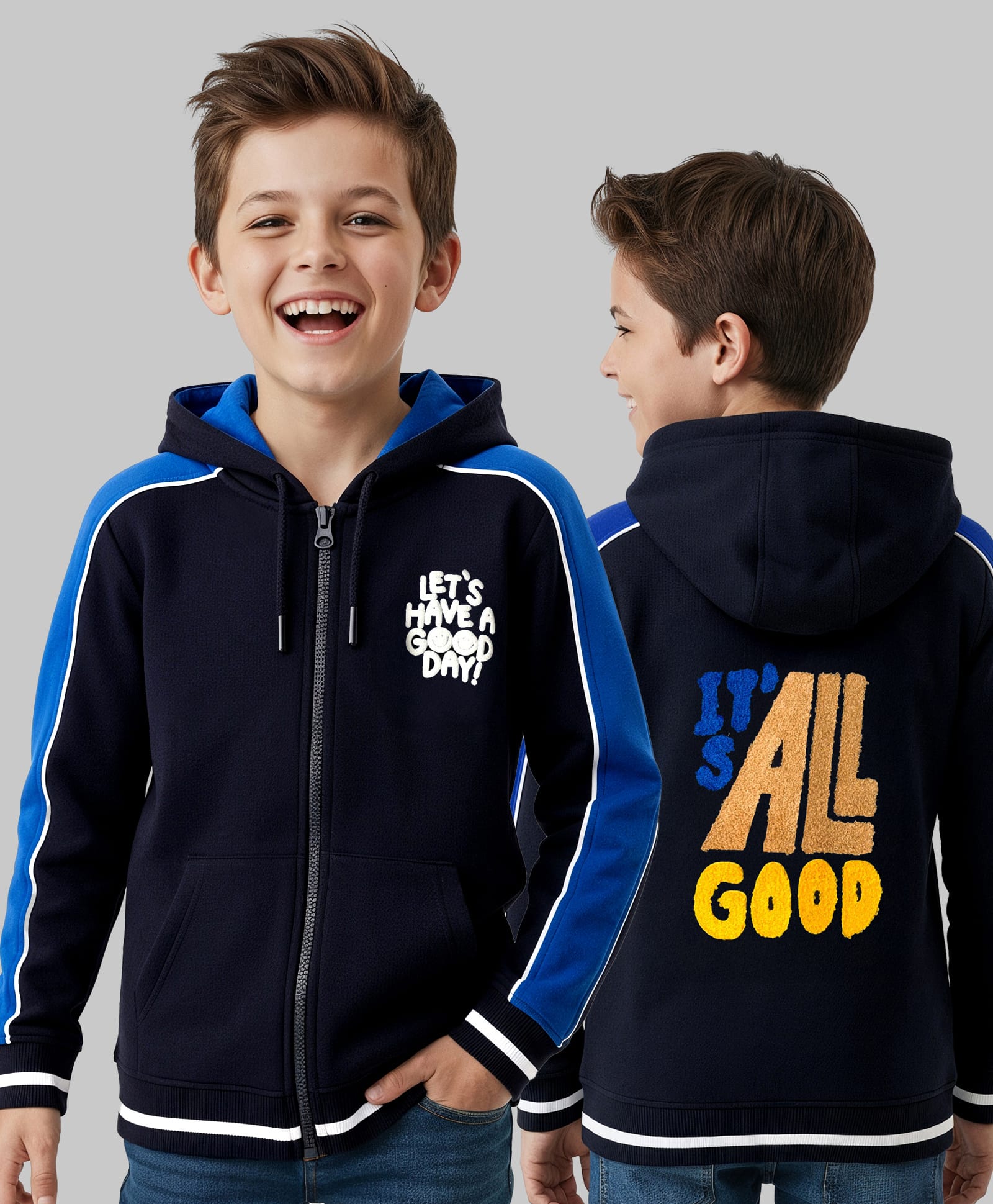 arias by lara dutta Arias Cotton Knit Full Sleeves Front Zipper Open Hooded Sweatshirt With Its All Good Text Print - Navy Blue-picture-15