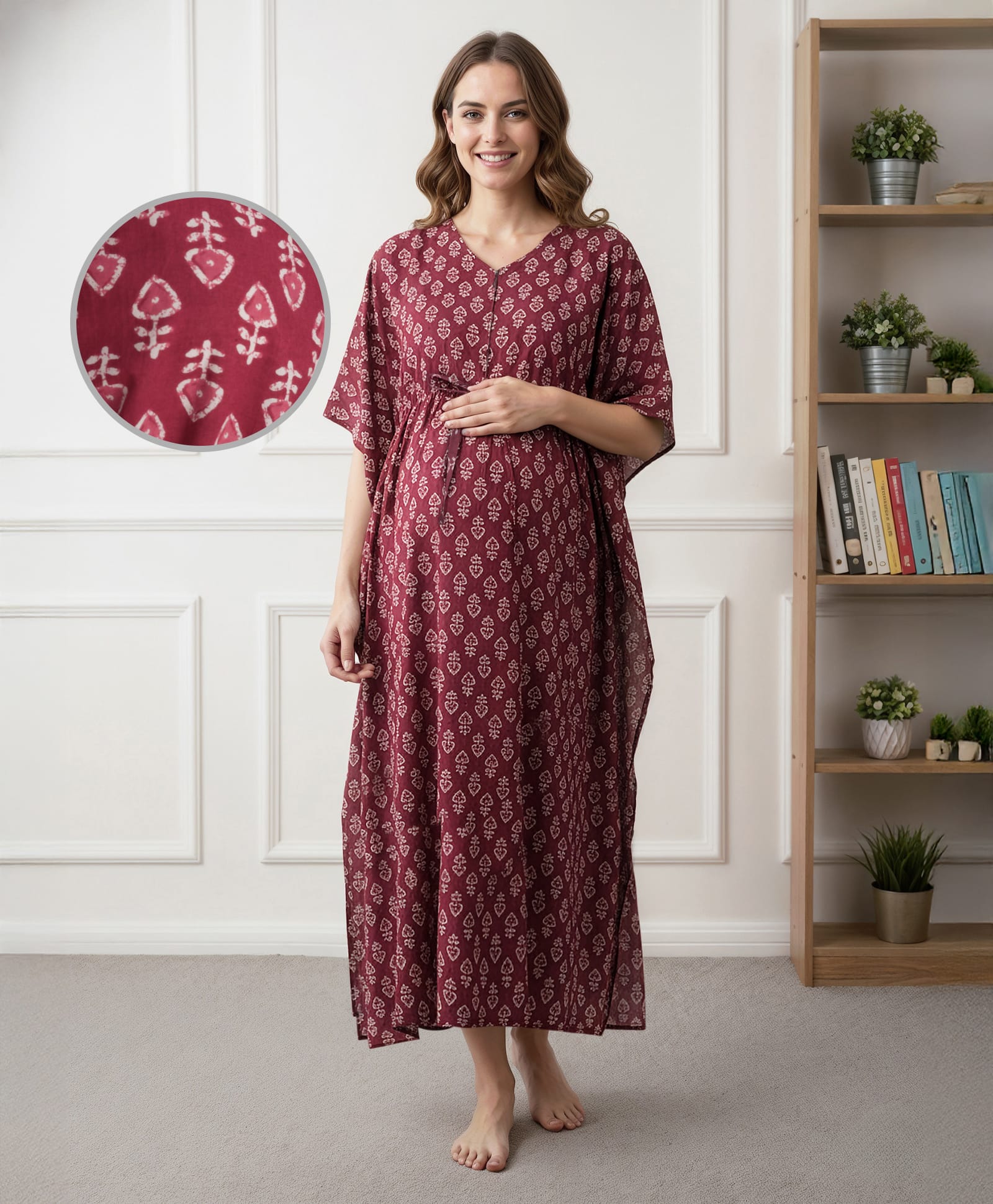 Bella Mama Cotton Woven Half Sleeves Maternity Nursing Kaftan With Floral Print - Maroon-picture-39