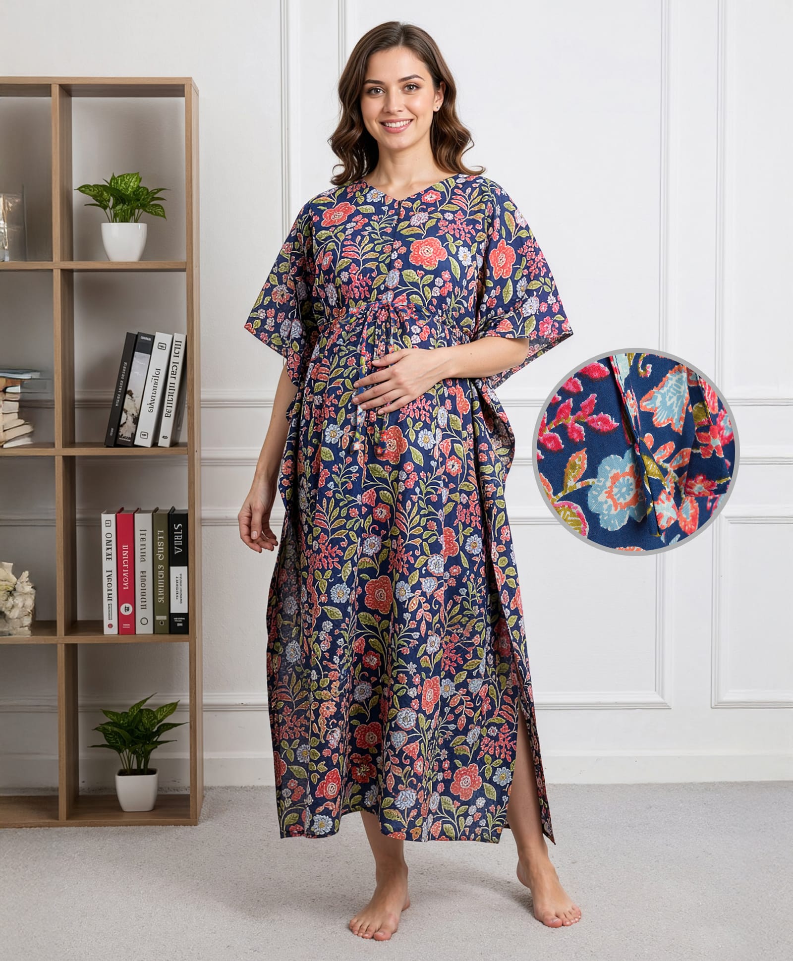 Bella Mama Cotton Woven Half Sleeves Maternity Kaftan Nighty with Floral Print - Blue