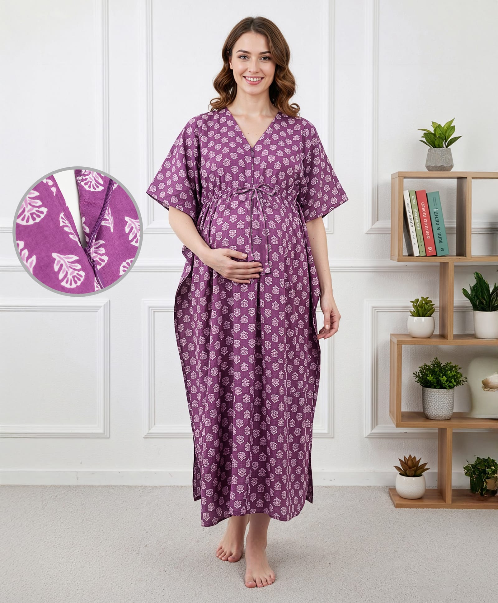 Bella Mama Cotton Woven Half Sleeves Maternity Kaftan Nighty with Floral Print - Purple-picture-12