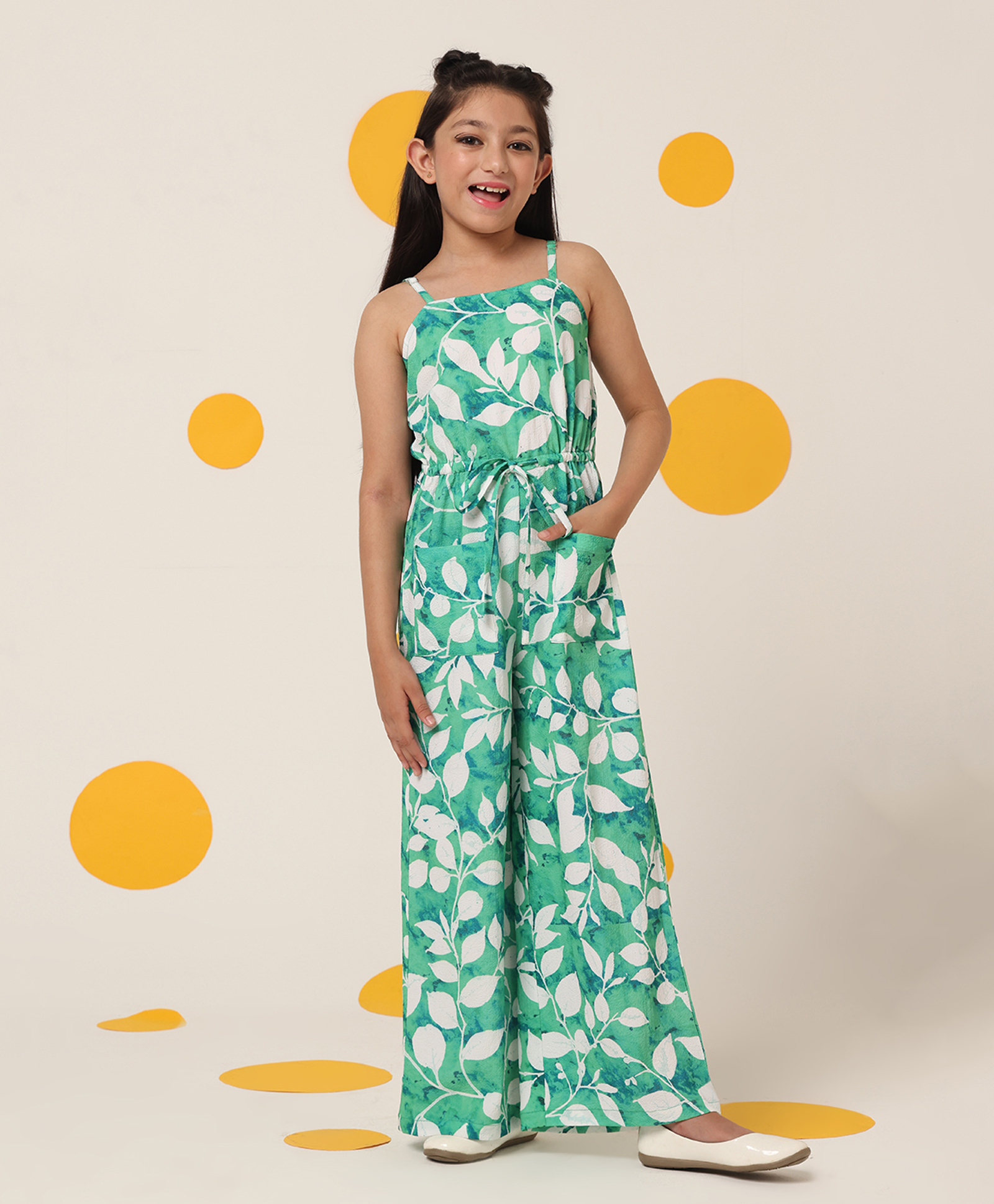 Cherry & Jerry Seersucker Woven Sleeveless Leaves Printed Jumpsuit - Turquoise-picture-27