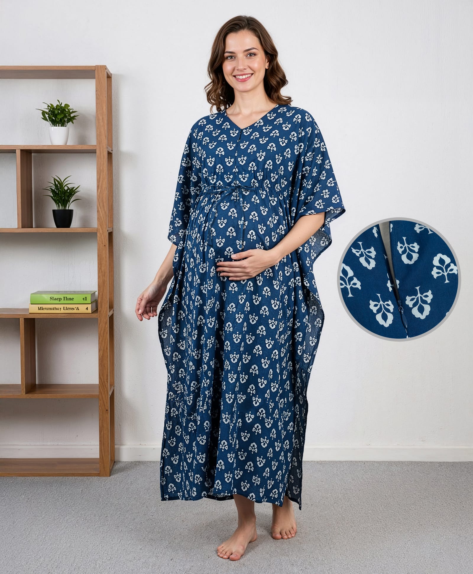 Bella Mama Cotton Woven Half Sleeves Maternity Kaftan Nighty with Floral Print - Blue