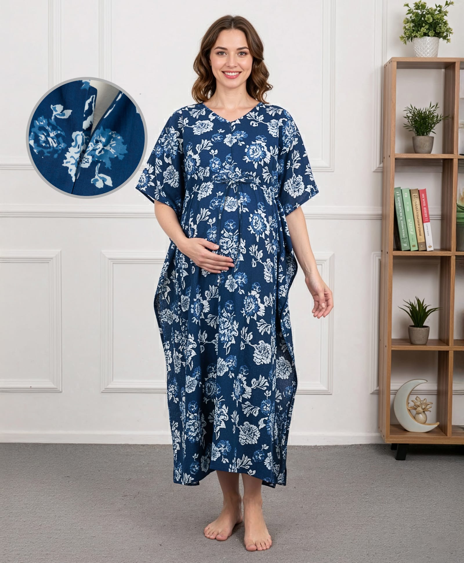 Bella Mama Cotton Woven Half Sleeves Maternity Kaftan Nighty with Floral Print - Blue