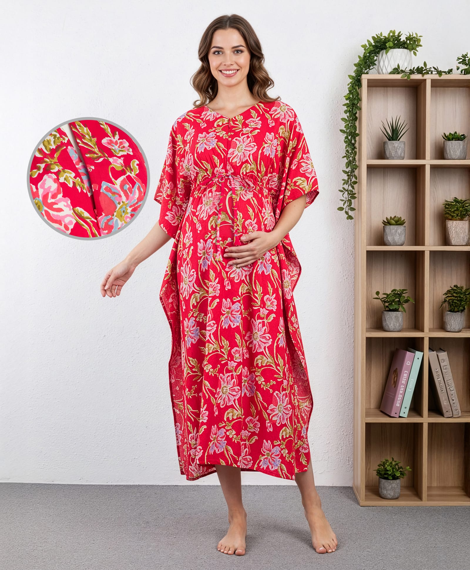 Bella Mama Cotton Woven Half Sleeves Maternity Kaftan Nighty with Floral Print - Red