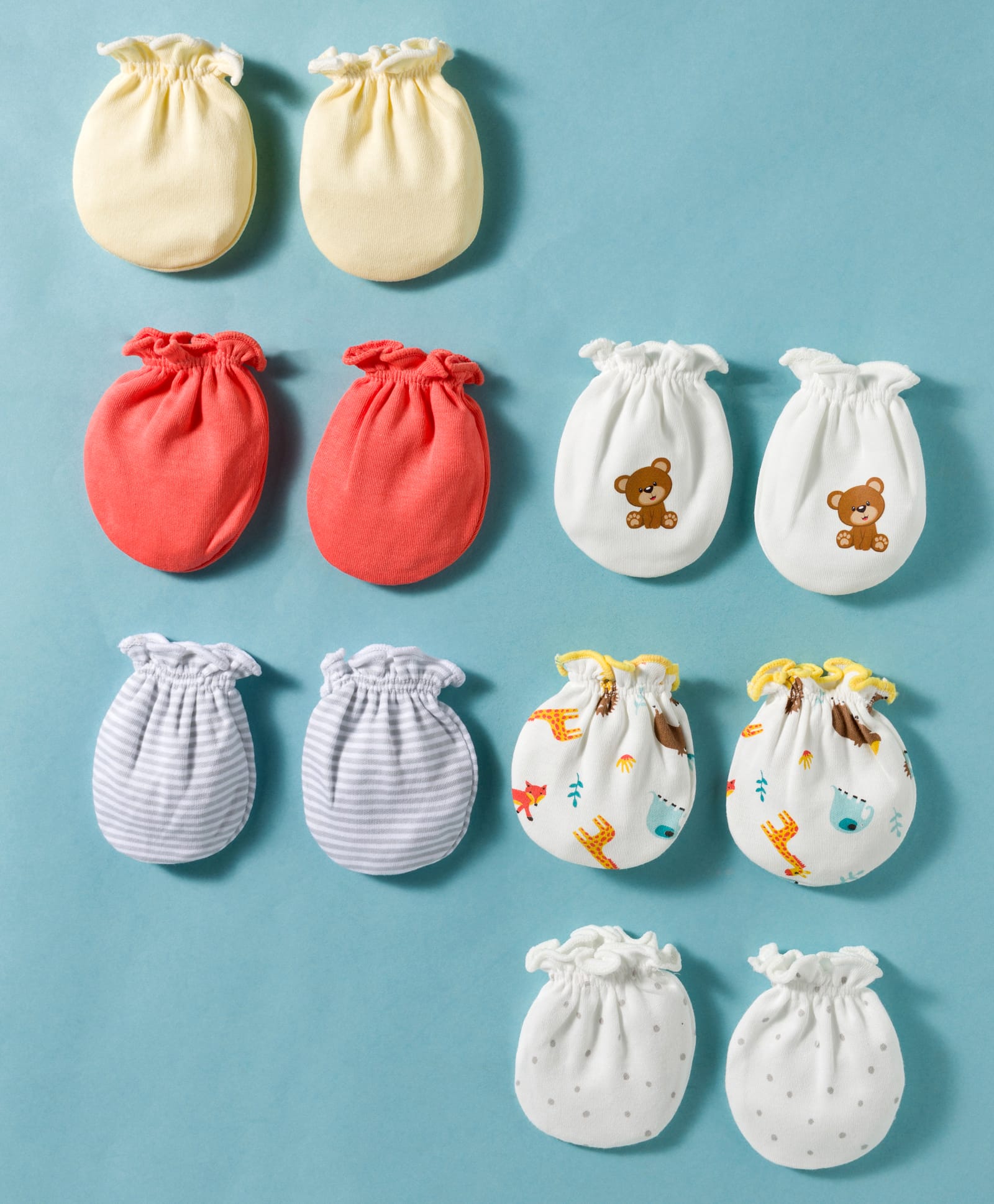 Ben Benny Interlock Knit Mittens with Animal Stripes & Polka Dot Print Pack of 6 - White Yellow & Coral-picture-37