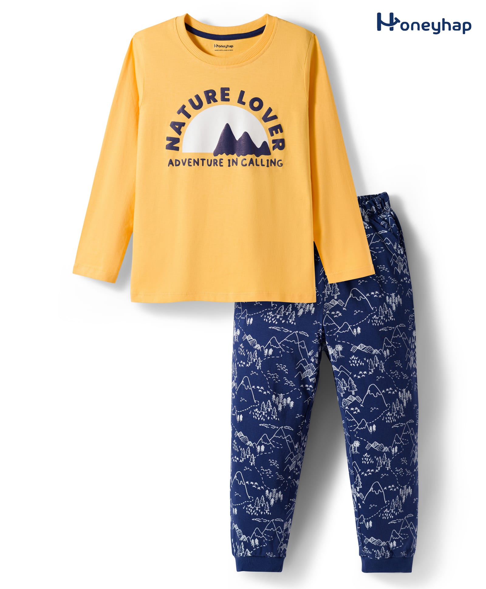 Honeyhap Premium 100% Cotton Knit Full Sleeves Night Suit With Bio Finish & Text Print - Sunset Gold & Navy Peony-image-3