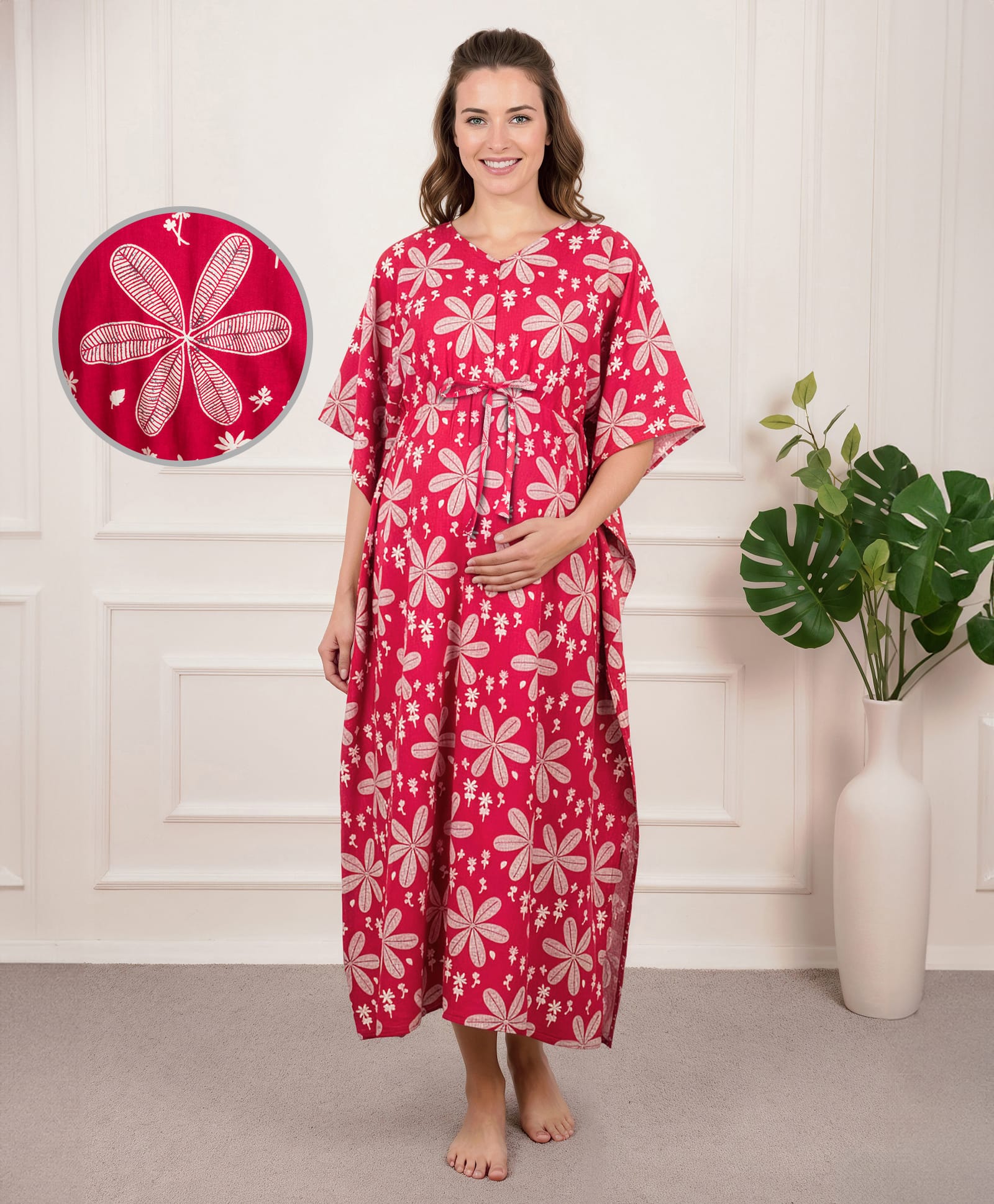 Bella Mama Cotton Woven Half Sleeves Maternity Nursing Kaftan With Floral Print - Maroon-image-4