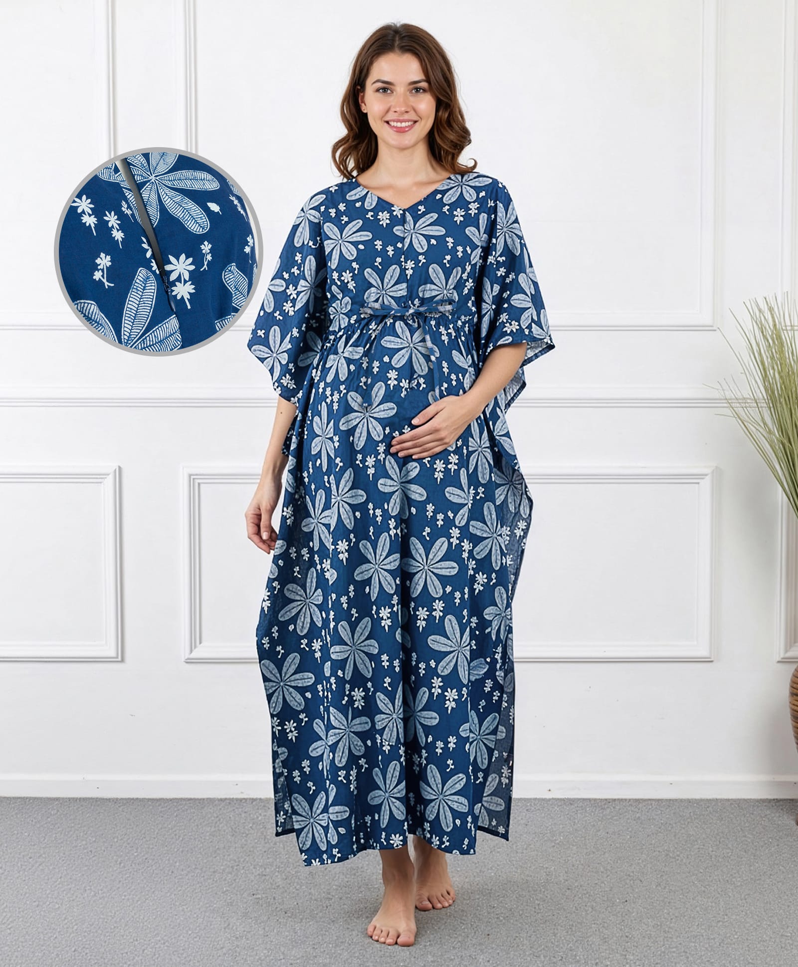 Bella Mama Cotton Woven Half Sleeves Maternity Kaftan Nighty with Floral Print - Blue