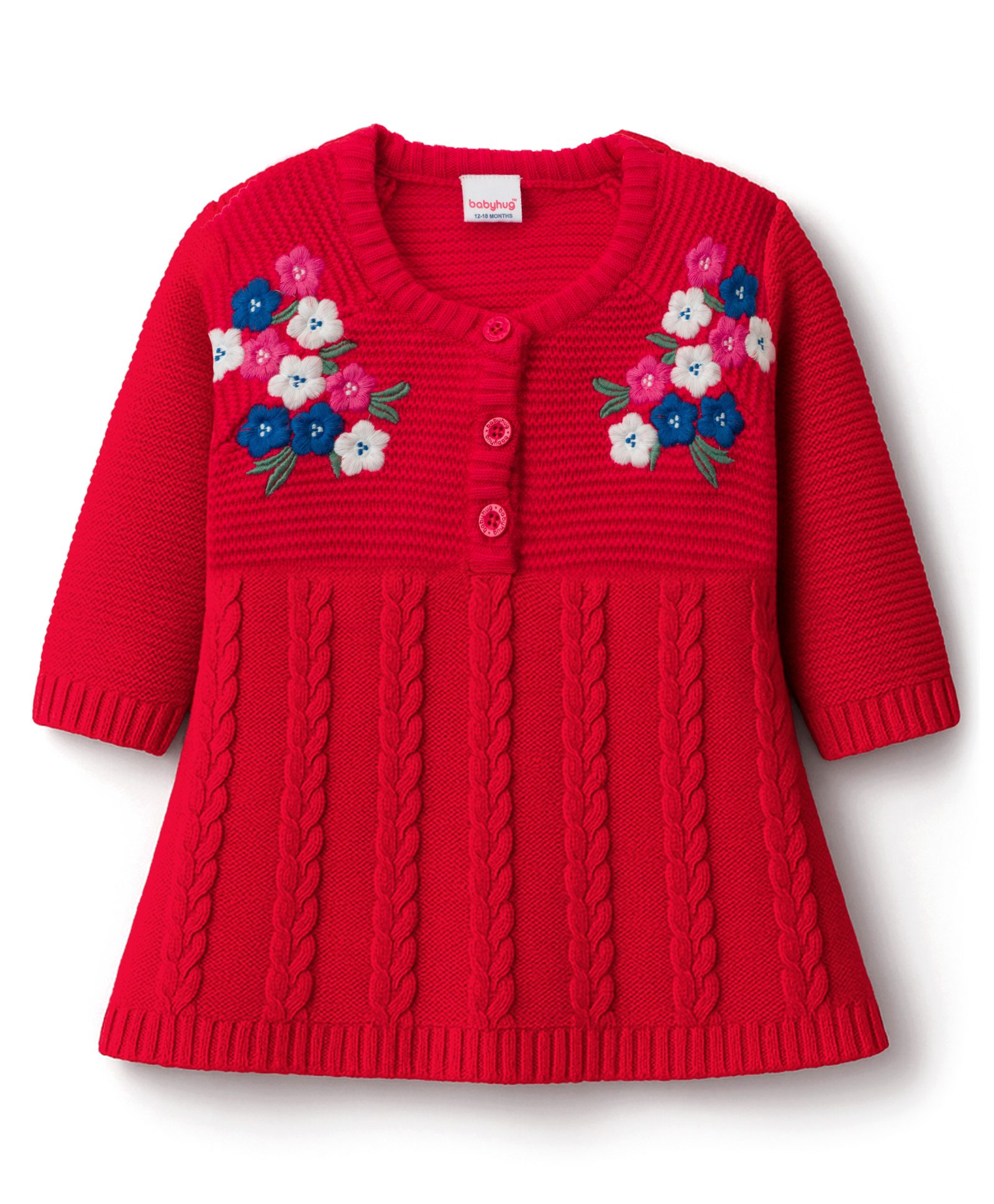 Babyhug Knit Full Sleeves Woollen Dress with Floral Embroidery & Cable Knit Design - Coral-picture-19