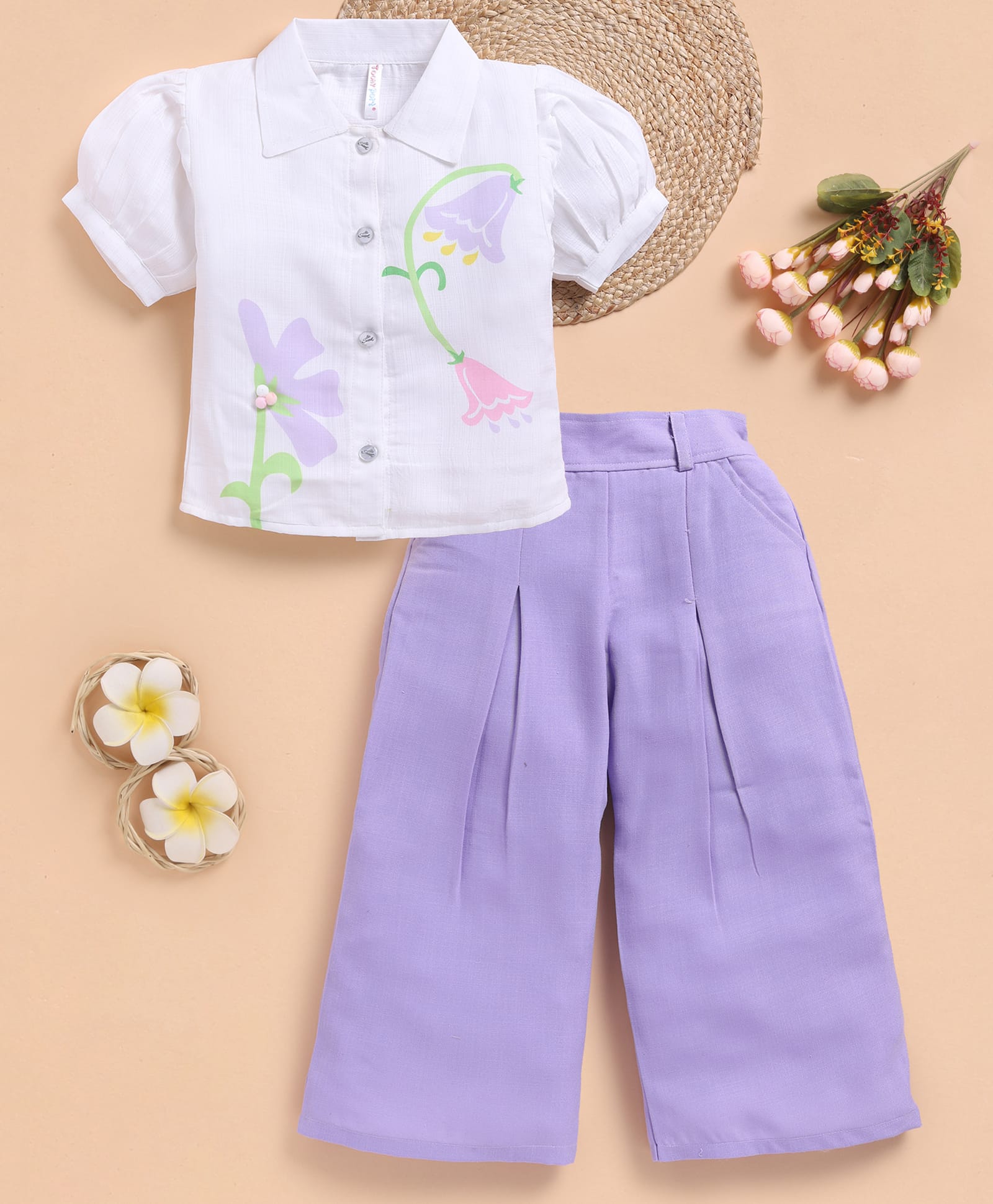 TOONYPORT Cotton Blend Knit Half Sleeves Floral Printed Shirt With Palazzo Set - Purple-image-47
