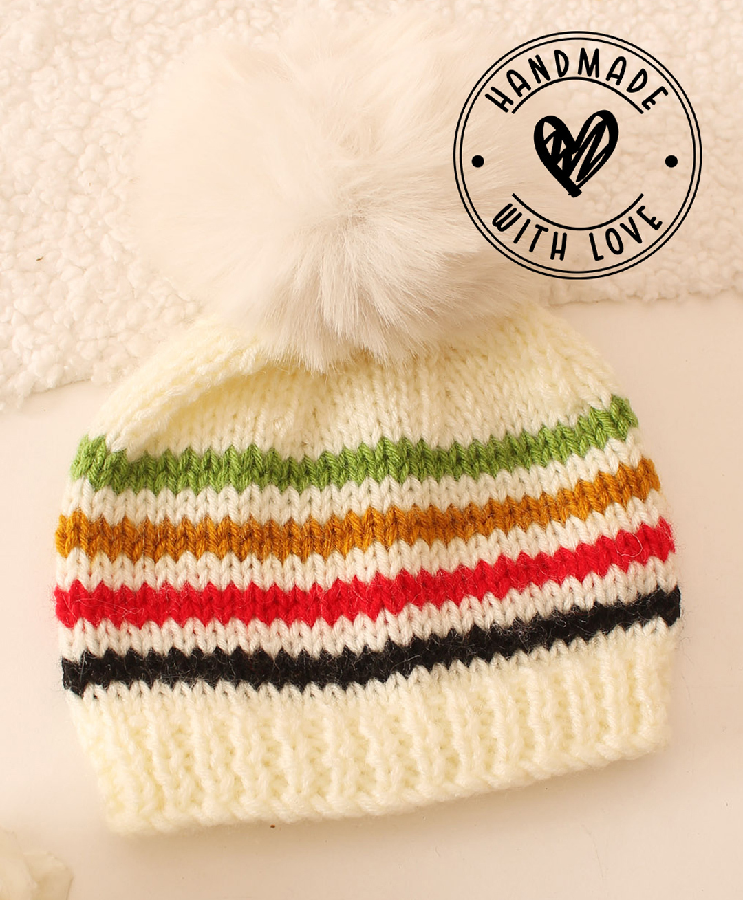 Woonie Knit Striped & Pom Pom Embellished Hand Knitted Cap - Cream - Circumference 37.5 Cm-image-49