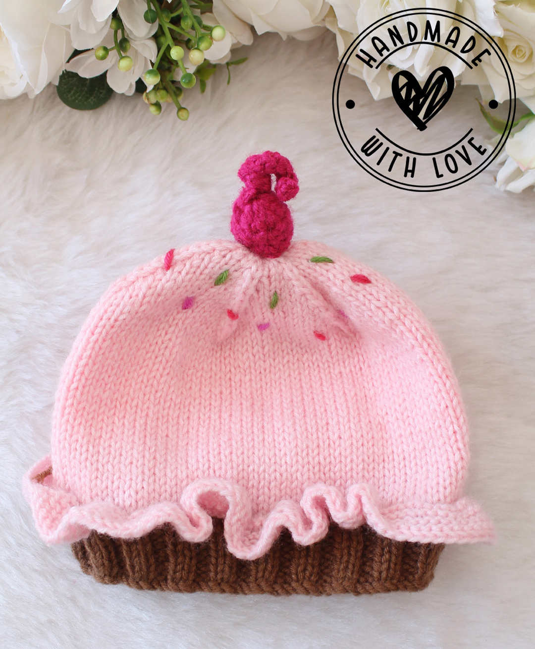 Woonie Cup Cake Designed Frill Detailed Hand Knitted Cap - Pink - Circumference 37.5 Cm-image-6