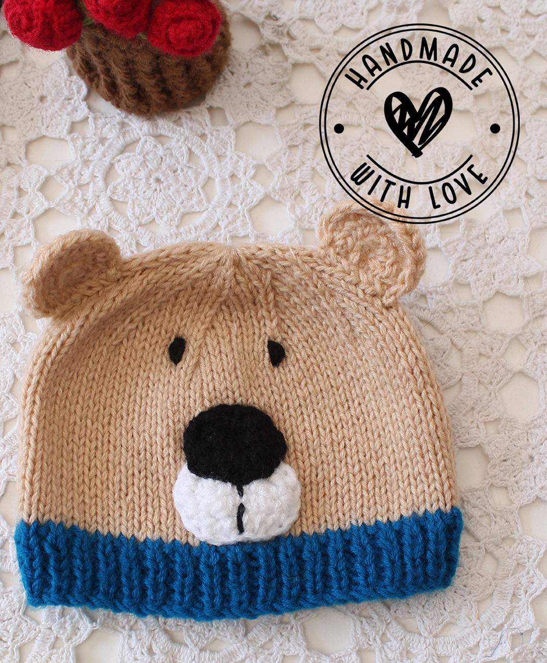 Woonie Knit Bear Designed Handmade Cap - Beige - Circumference 35 Cm-picture-10