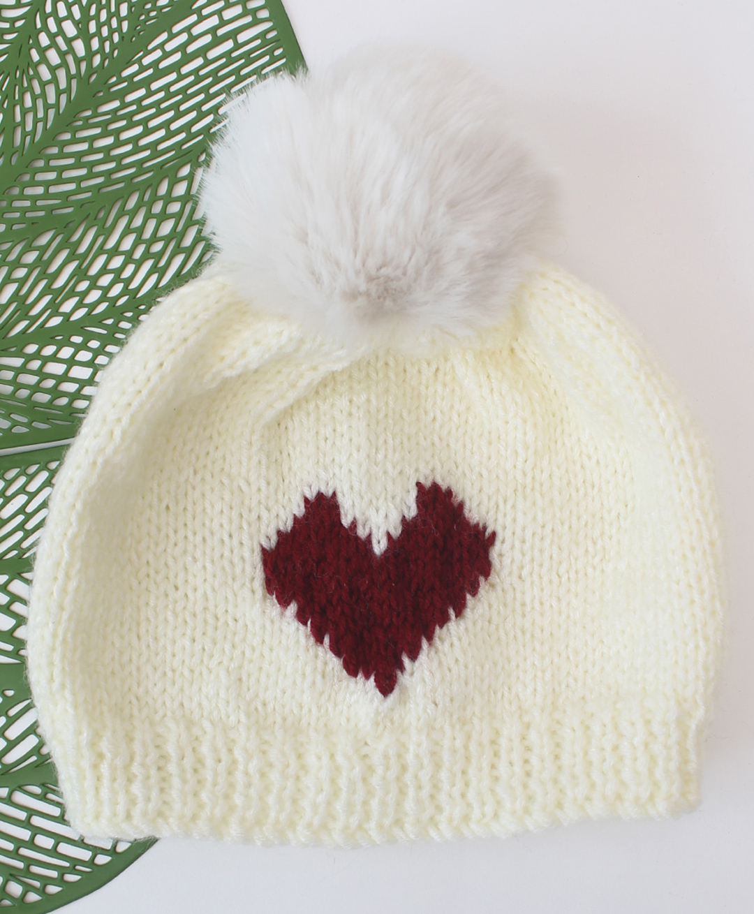 Woonie Heart Designed Hand Knitted Cap - Cream - Circumference - 27.5-picture-14