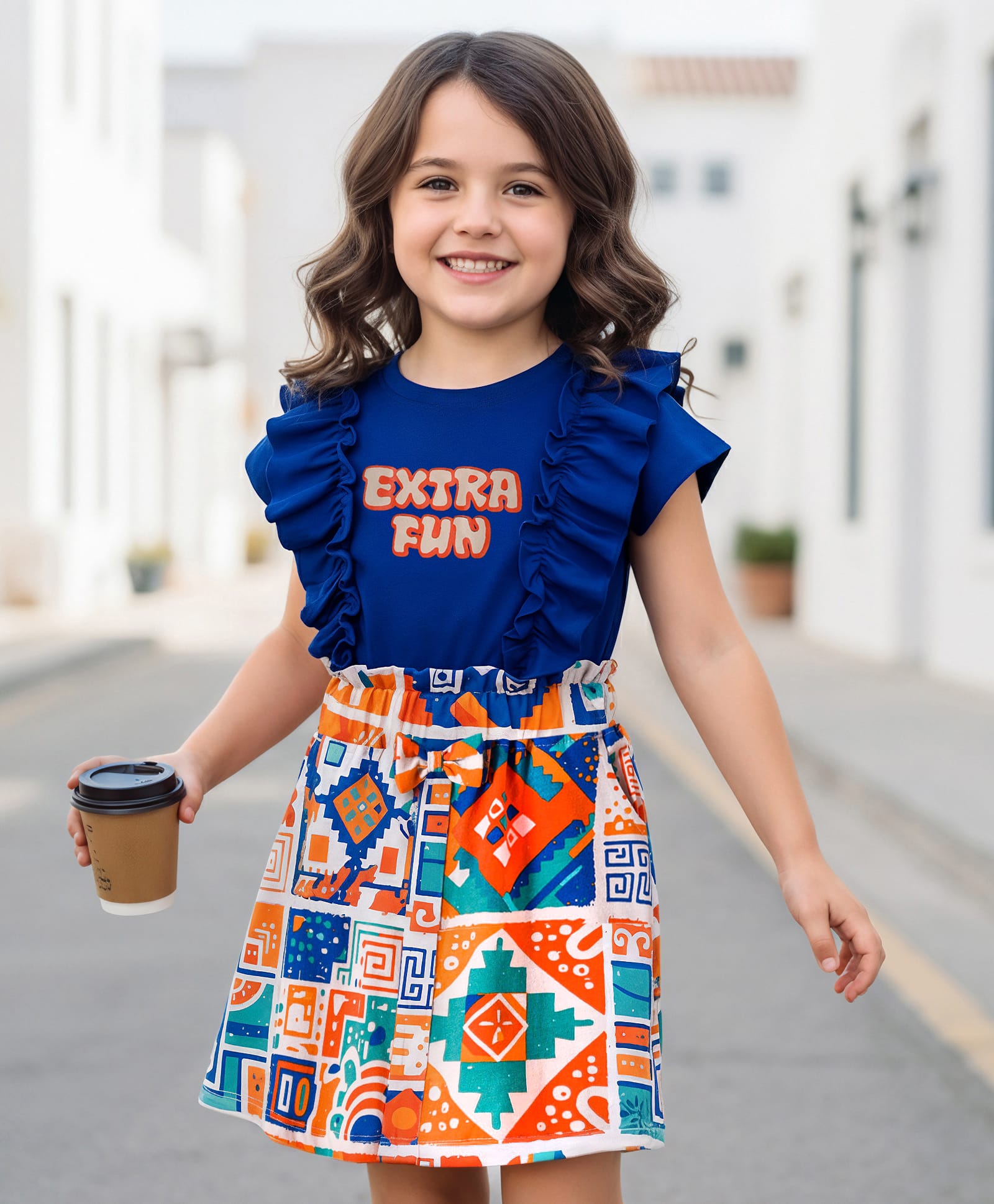 OLLINGTON ST. Cotton Half Sleeves Top & Knit Printed Skirt Set - Multicolor & Navy Blue-picture-22